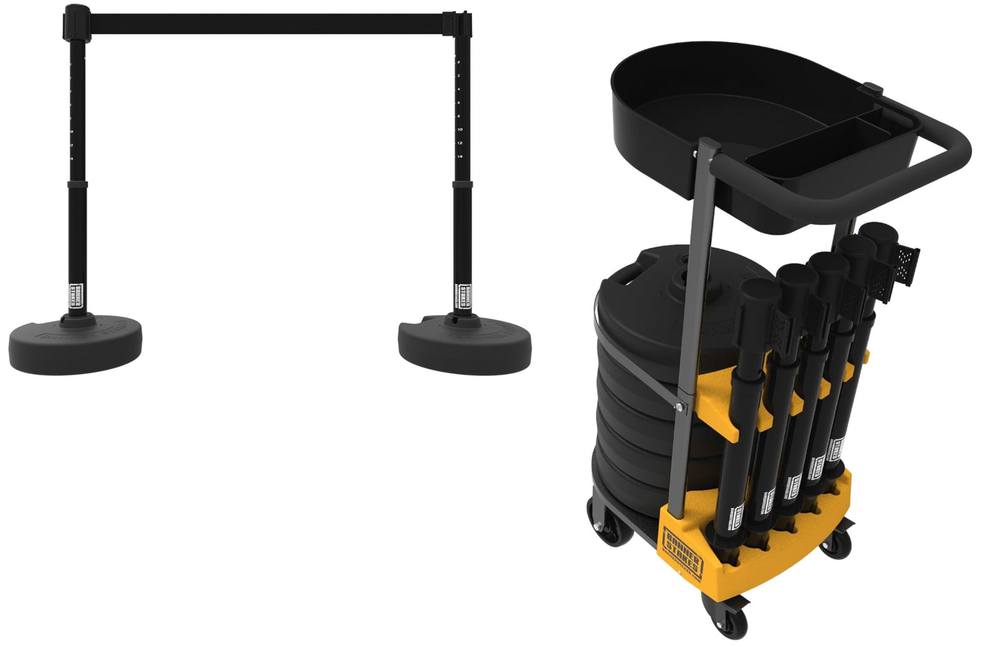 Banner Stakes Crowd Control Plus 15' Retractable Belt Barrier Stanchion Set X1 - Black Blank Banner, 22"-42" Plastic Adjustable Post, Fillable Base (PL4104)