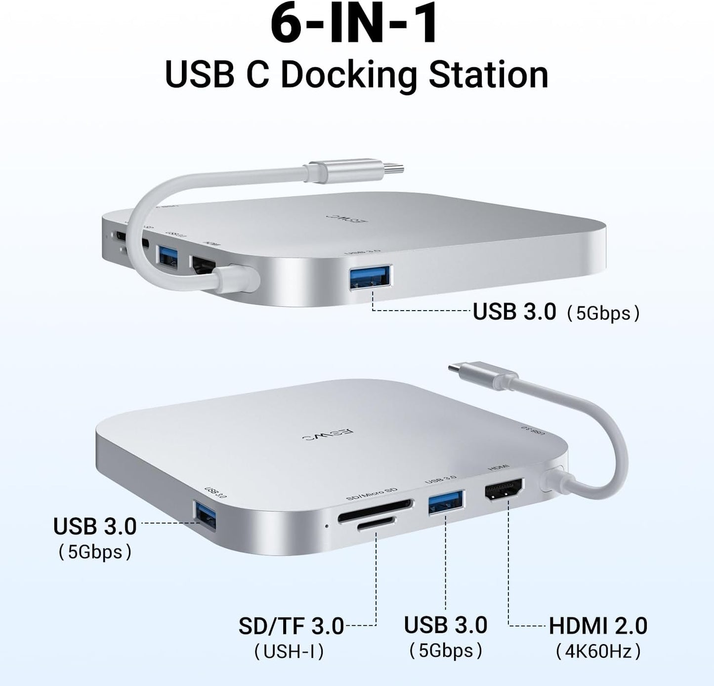 JESWO 6-in-1 M4 4K@60Hz 3 3.0 M4/M4 USB-C Dock for Mac mini HDMI, USB C Hub Multiport Adapter with USB C to HDMI, USB