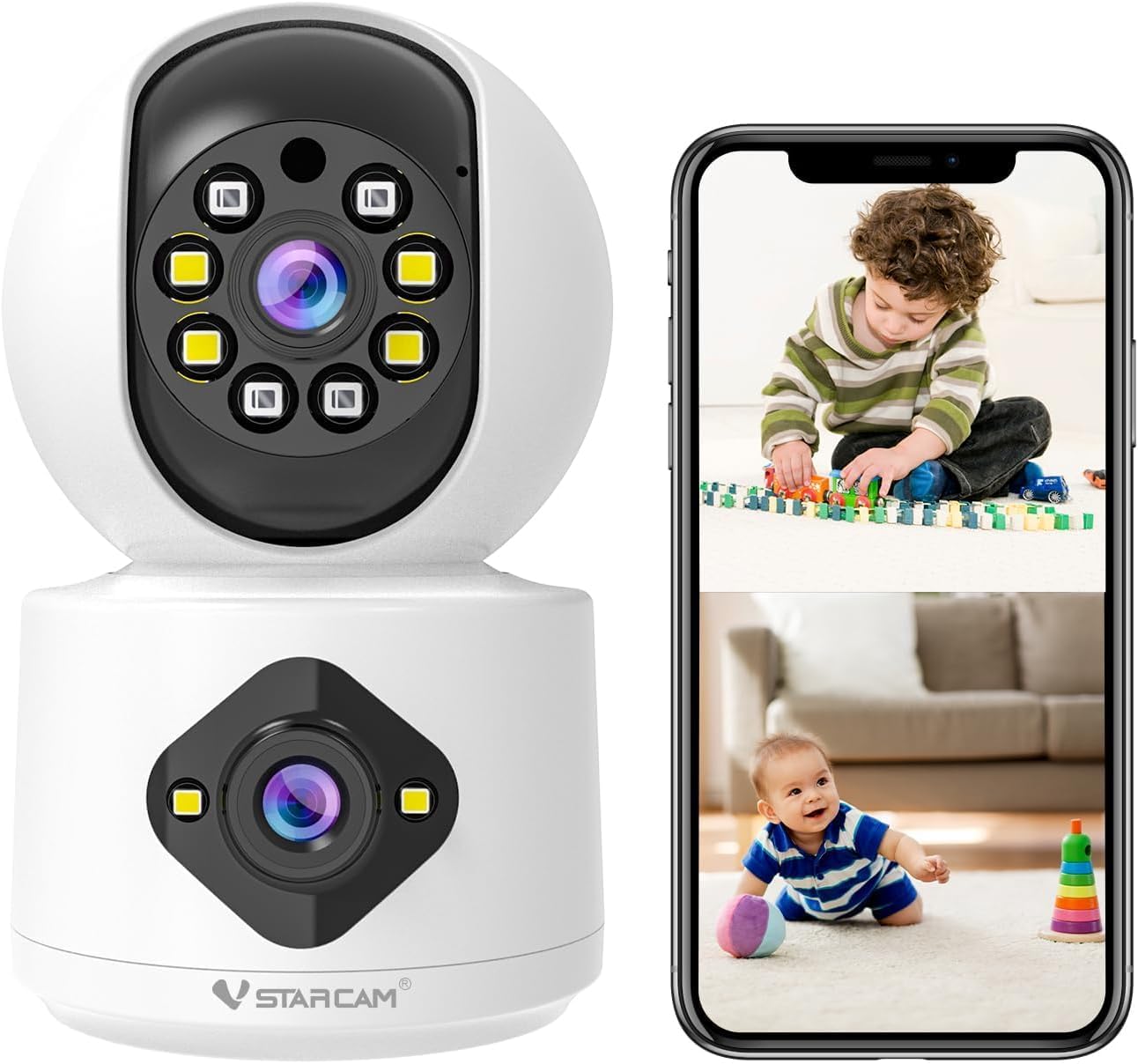 VSTARCAM 1080P Monitor,360 2-Way 005 Camera Dual-LensI, Pet Baby Security Camera Indoor with Siren & Spotlight, Motion