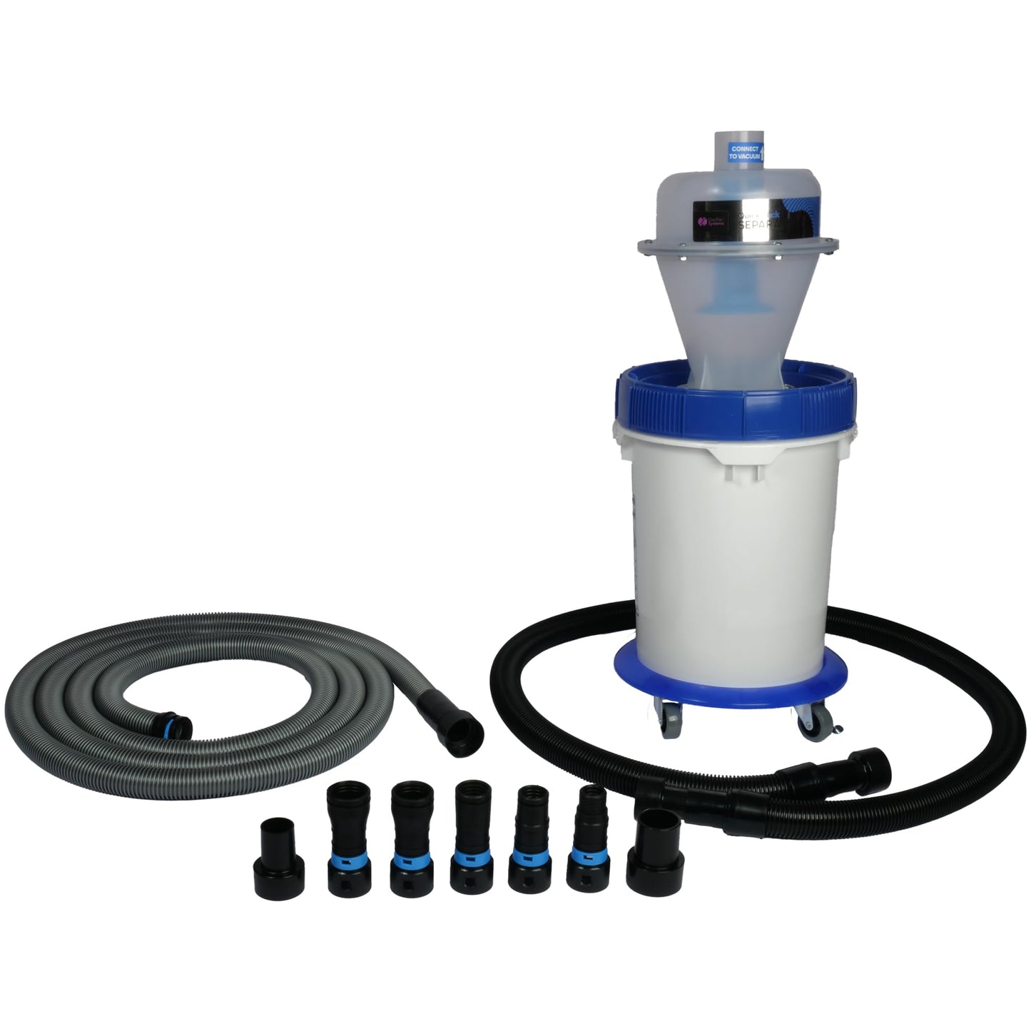 Cen-Tec Systems Assembled Quick Click Dust Separator and 5 Gallon Locking Collection Bin with Caster Dolly and Power Tool Adapter Set with 16 Ft. Hose
