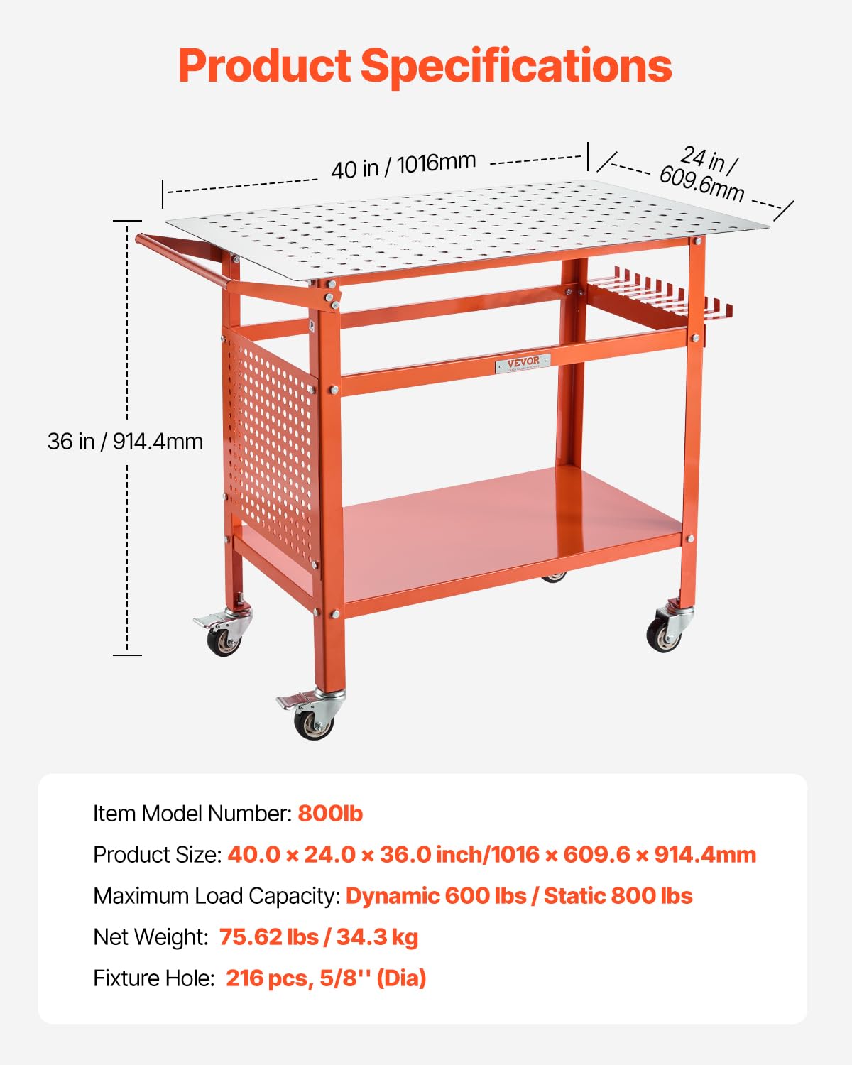 VEVOR Welding Table, 40" x 24" Welding Workbench Table with 800LBS Static Weight Capacity, Movable Steel Work Bench with 4 Wheels (2 with Brake), Double-Layer Storage Board and 5/8-inch Fixture Holes