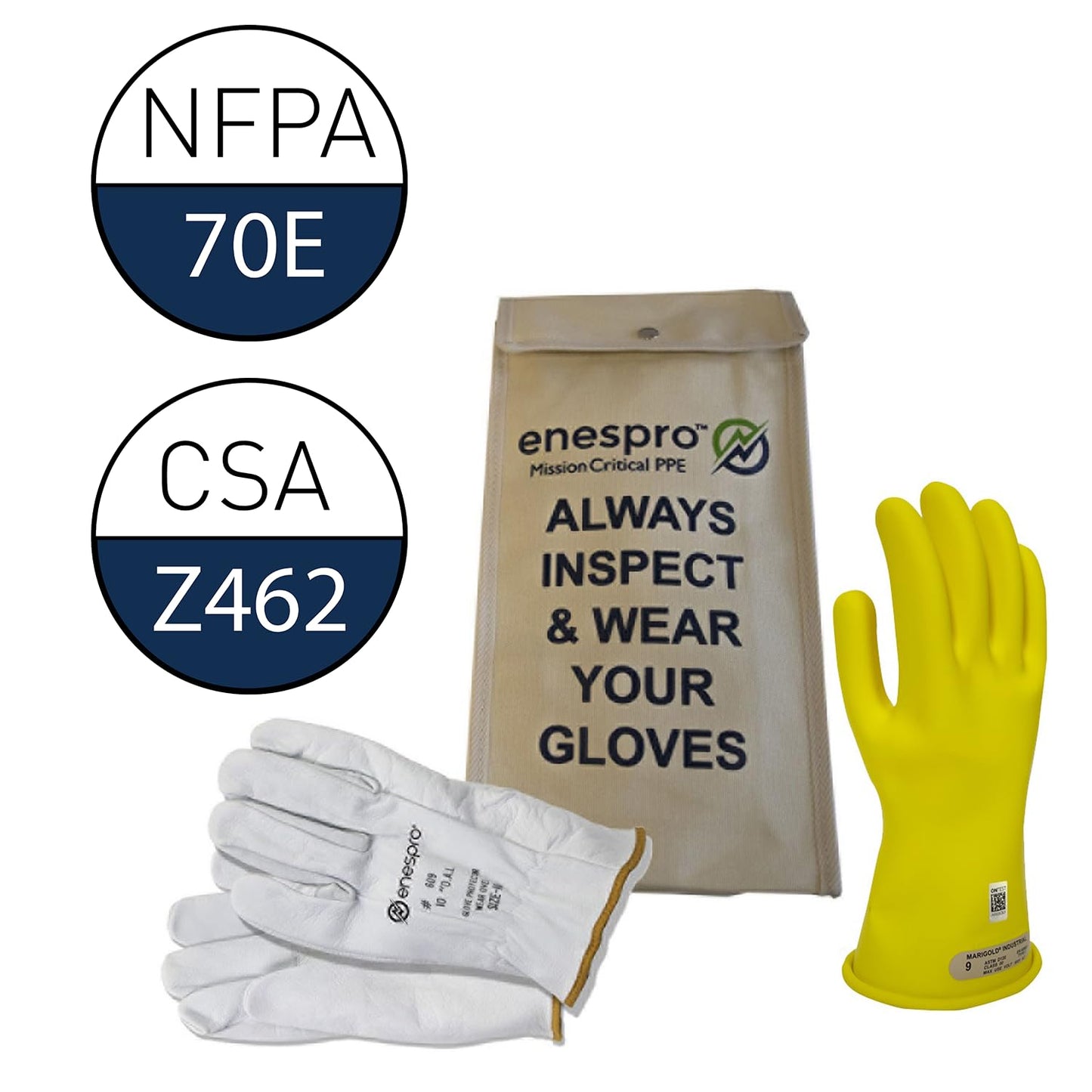 Enespro Class 00 Electrical Gloves Kit, 500V AC / 750V DC Yellow Insulated Rubber Gloves with Leather Protectors, Electrical Work Gloves for Linemen, and Utility Workers