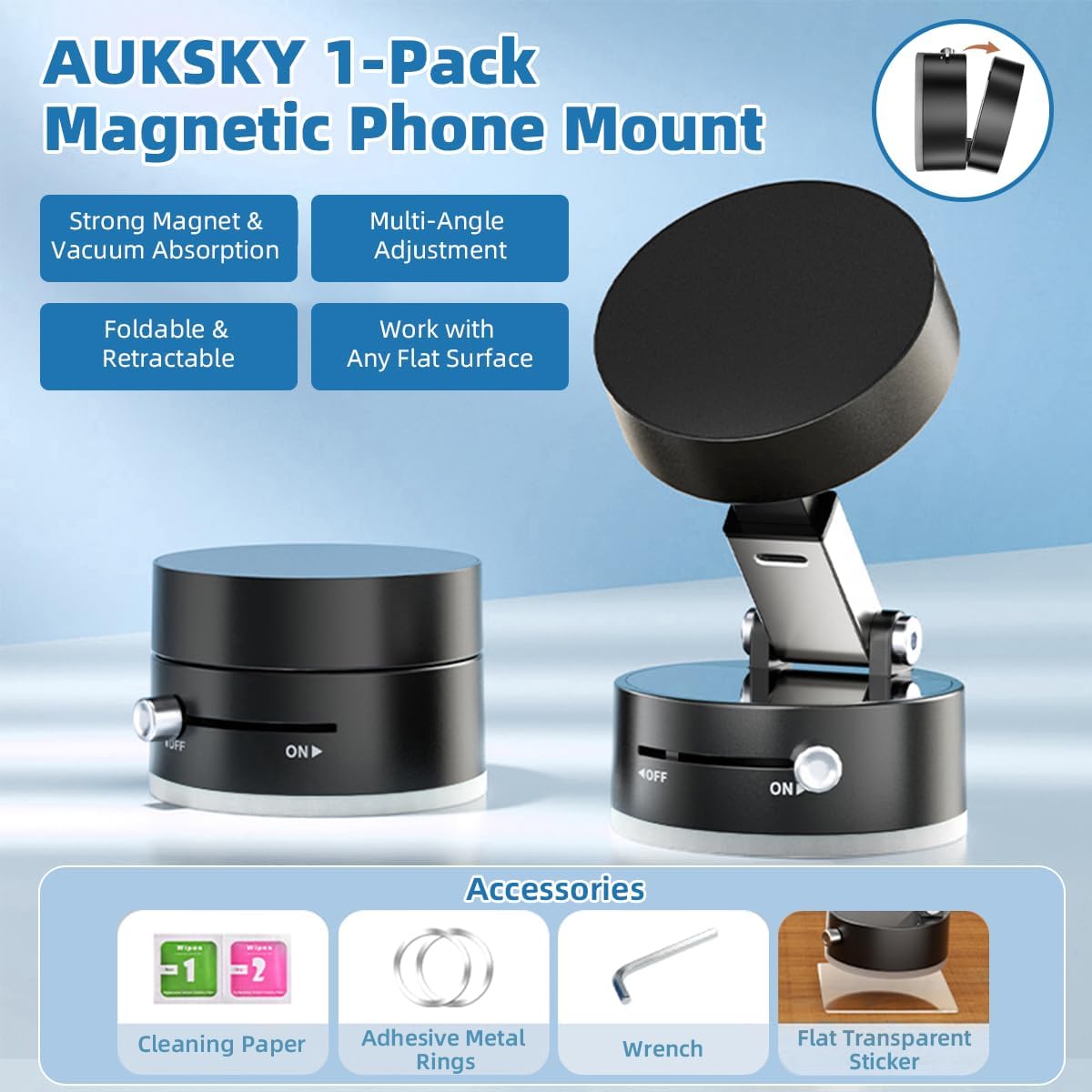 AUKSKY 17 16 15 14 13 12, Vacuum Magnetic Phone Holder, Foldable Car Mount with Windshield Suction Cup & Metal Ring