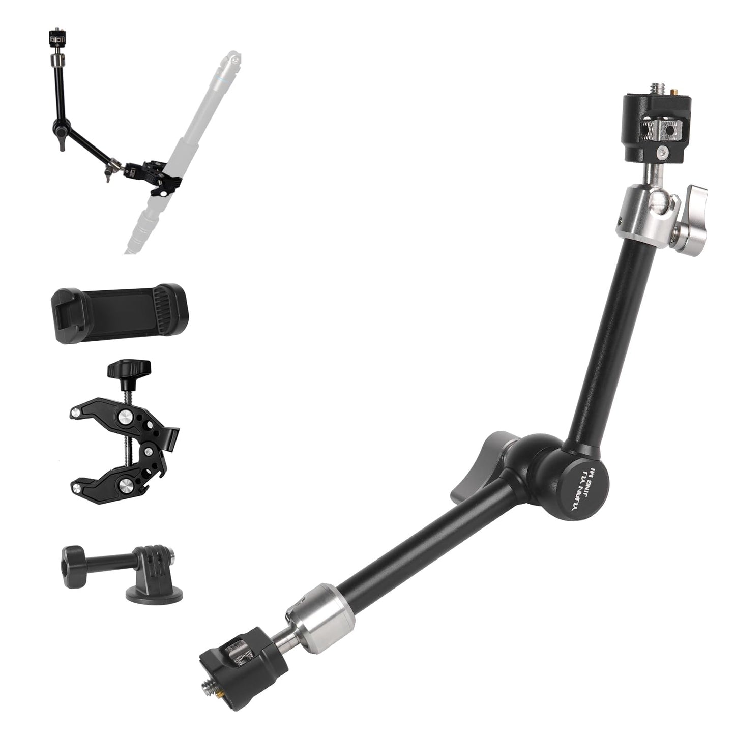Heavy-Duty Articulating Magic Arm Mount with Super Clamp, 360° Dual Ball Head & 1/4" ARRI Locating Pin&Holes, Camera Monitor Mount for Action Camera Video LED Light (11" Magic Arm w/Clamp)