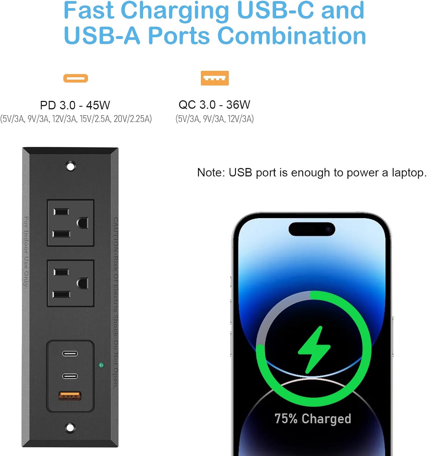 CCCEI 45W 6 45 Recessed Power Strip with USB-C Ports, Fast Charging USB A Port Desk Outlet, Black Furniture Hidden