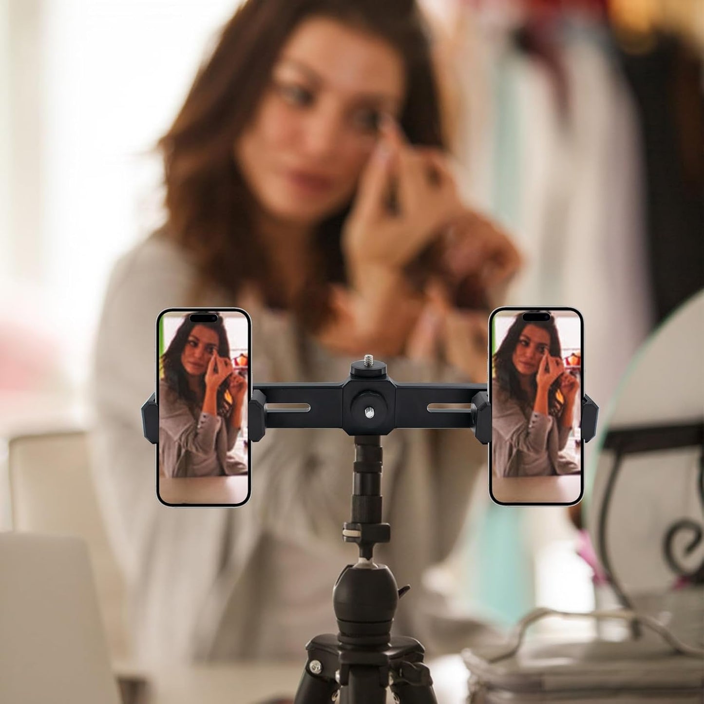 JoyHuaTrade 360 1/4'' Dual Phone Holder Phone Tripod Mount Adapter, Universal Rotation Adjustable Clip Stand for Vlog