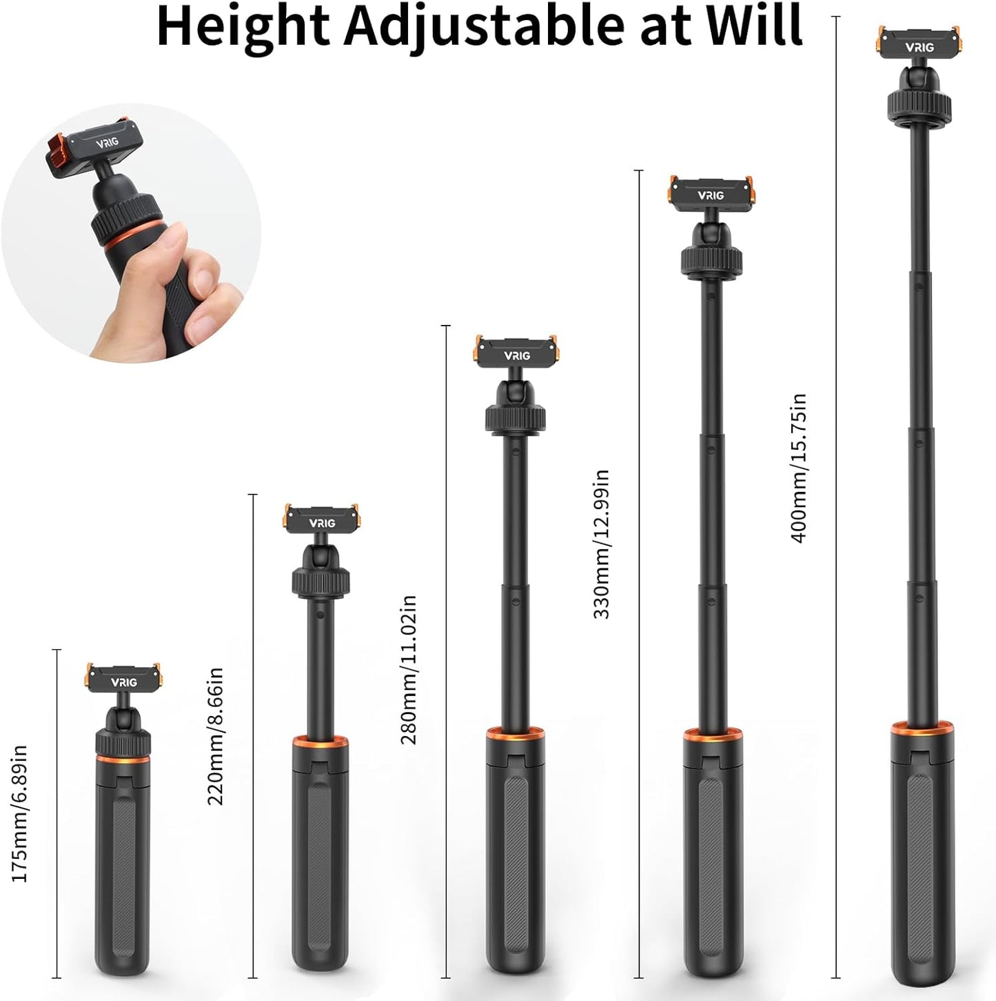 VRIG 40cm/15.7" 5 4/ 360, AC-79 Telescopic Selfie Stick Tripod for DJI Osmo Action Pro/ Osmo Action Camera Vlog Handle