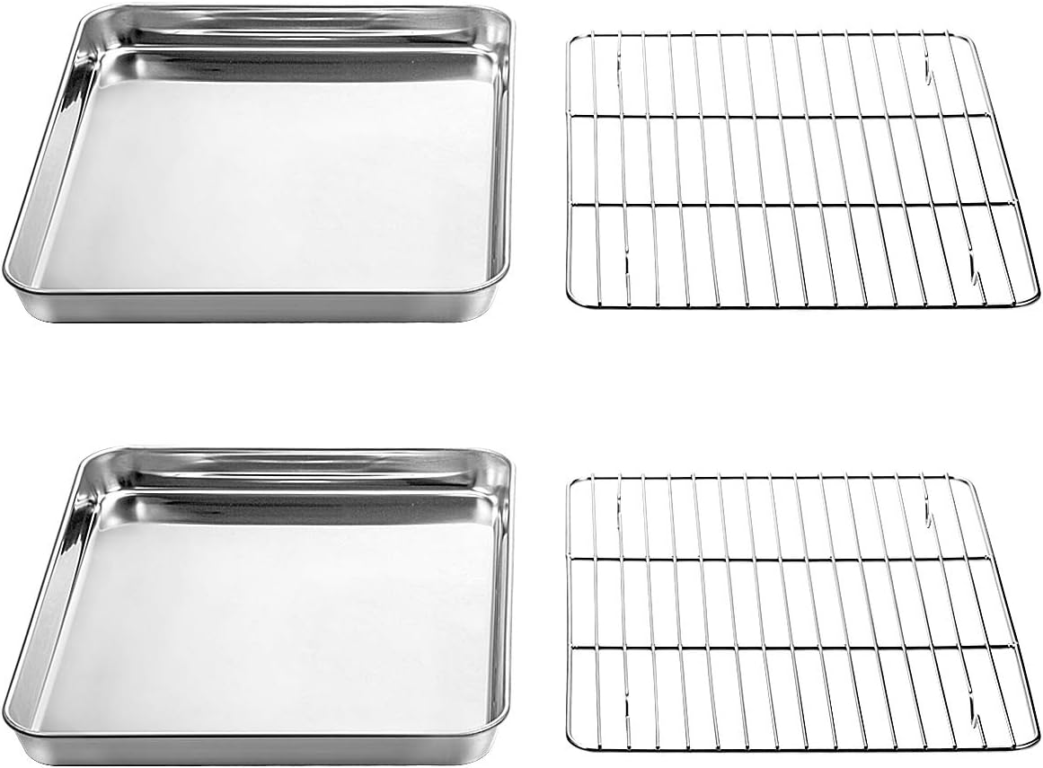 Wildone Baking Sheet Set - Stainless Steel Cookie Pan with Cooling Racks | 2 Sheets + 2 Racks, 12 x 10 x 1 Inch, Non-Toxic & Easy to Clean