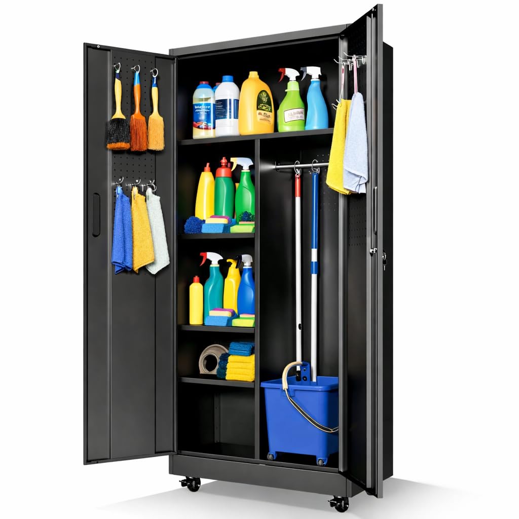 BIZOEIRON Metal Garage Storage Cabinet with Pegboard and Hanging Rod, 71'' Tall Metal Broom Closet Storage Cabinets, Rolling Tool Cabinet on Wheels for Garage, Utility Room (Black)