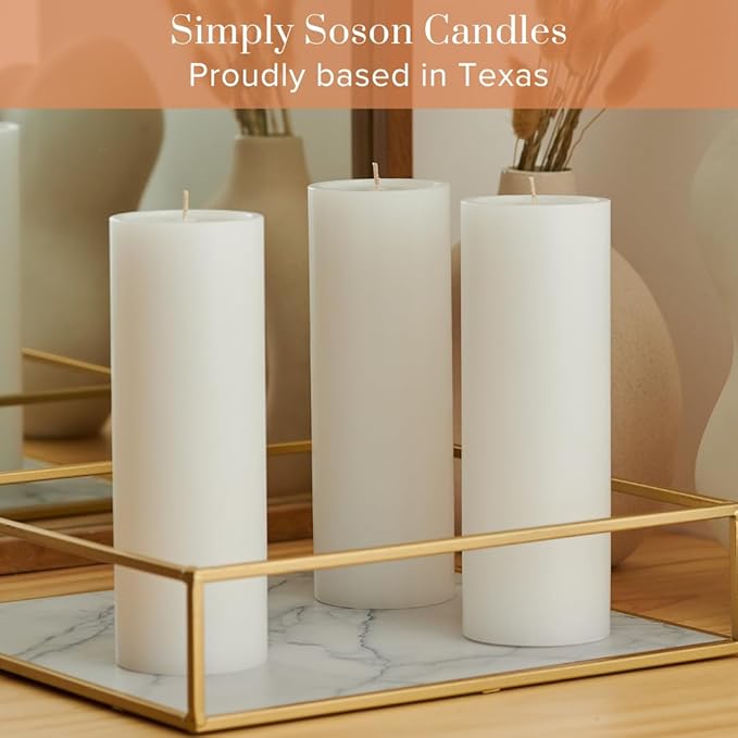 Simply Soson 3x8 inch White Pillar Candles Set of 3, Smooth Texture, Unscented White Candles, Dripless Candles, 3 inch Pillar Candles Ideal as Wedding, Parties, Spas, Dinner, Home Decoration, Church