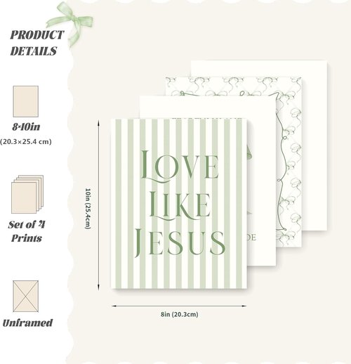 LARTSFRO Coquette Wall Art Decor - Sage Green Bow Posters with Inspirational Bible Verses | 8x10 Inch Set of 4 Unframed