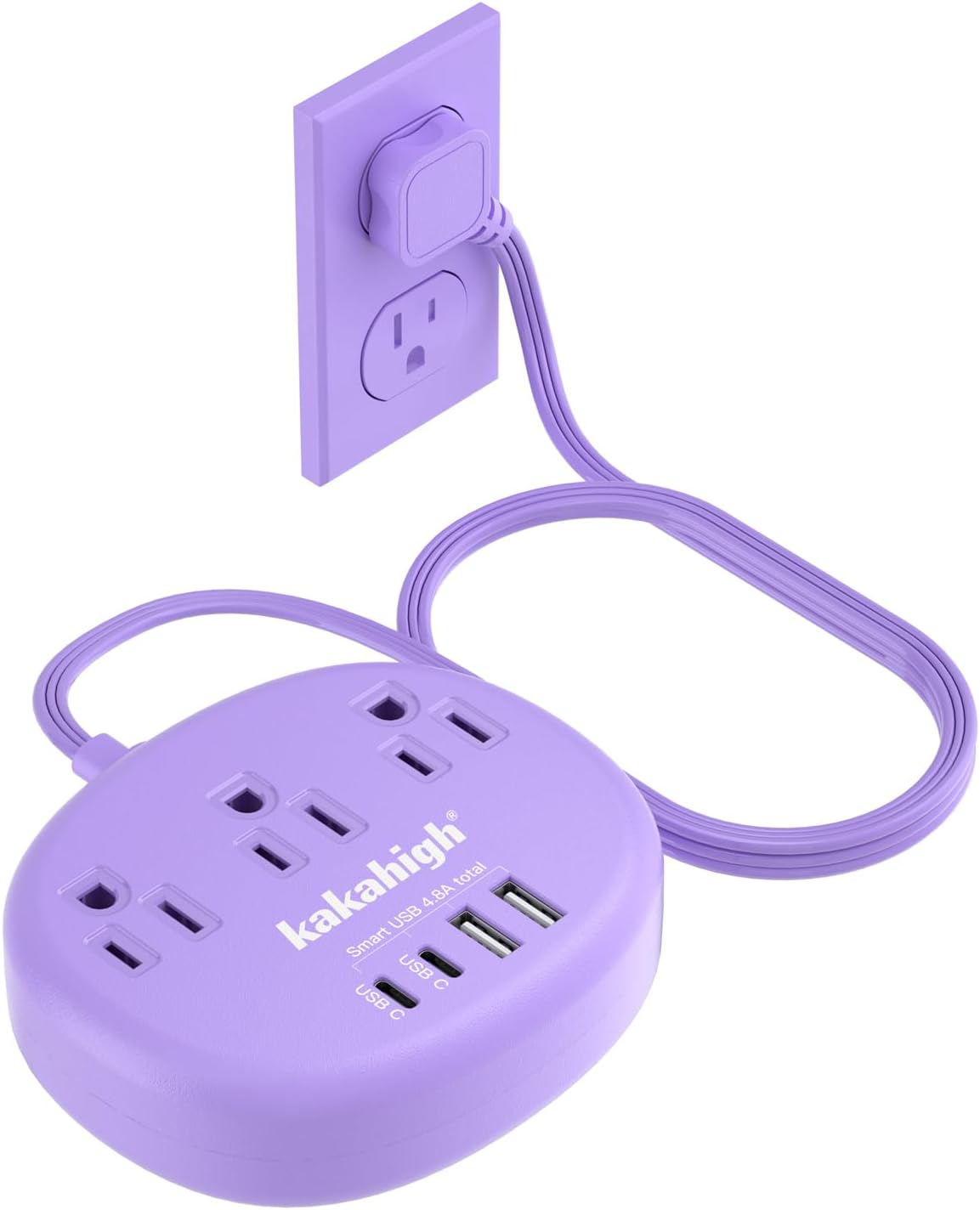 kakahigh 5 1625W 3 4 (24W/4.8A), Purple Extension Cord with USB C - FT Flat Power Strip, Cute Extension Cord with AC