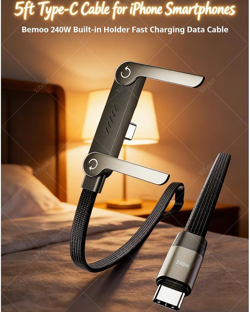 HAFRILY 2-in-1 240W (1pc, Invisible Holder Charger Cable, Stand Data Cable, Sideways Phone Charger, Invisible Holder