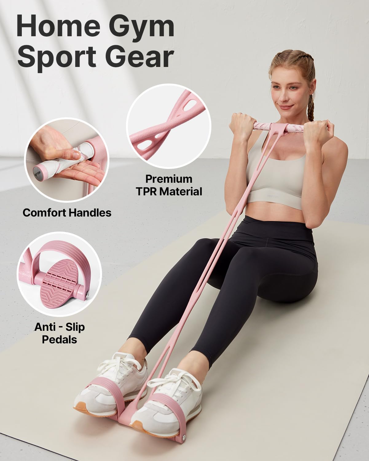 YOTTOY Pedal Resistance Band, Thick Elastic Tension Rope with Handles, Sit-Up Pull Rope Fitness Equipment for Leg, Arm, Abs, Waist, Home Gym & Yoga Training for Women & Men (Pink, 35 pounds)