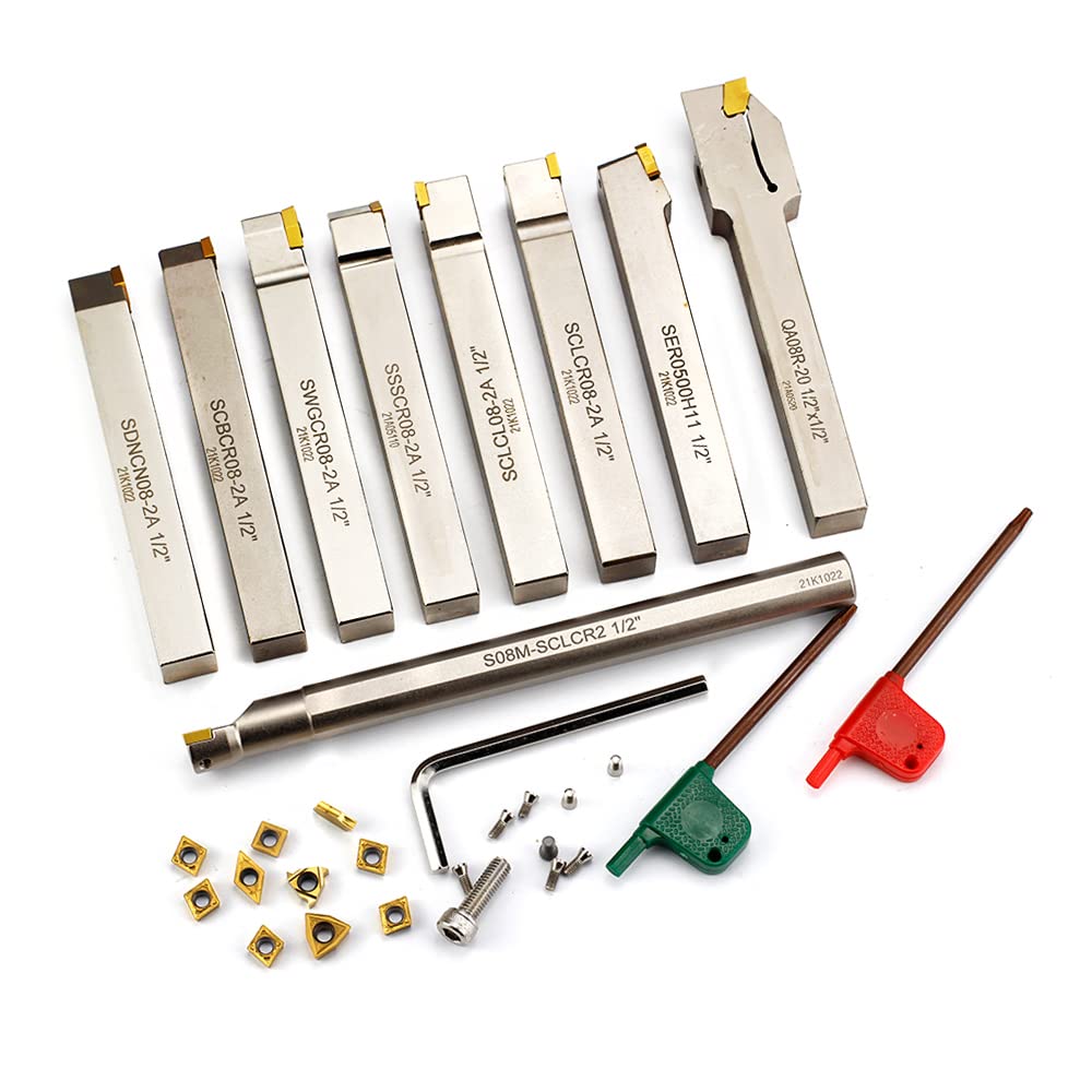 OSCARBIDE 1/2"Shank Nickel Plated Indexable Lathe Turning Tool Holder and Boring Bar 9 Pieces/Set,CNC Heavy-Duty Metal Lathe Cuting Tools for Turning Grooving Threading Cut Off