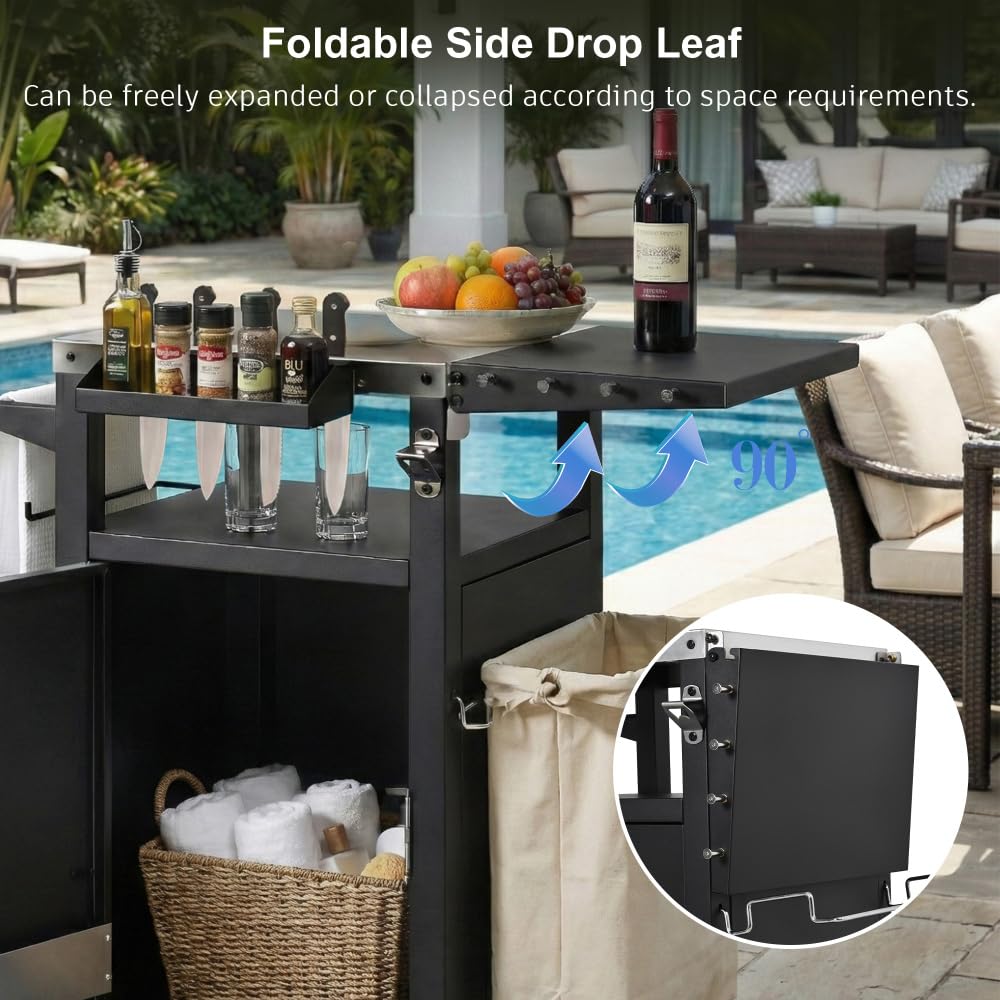 Dfchlda 33.9" Outdoor Grill Cart with Stainless Steel Top, Foldable Table, Storage Cabinet, Pizza Oven Table on Wheels, Hooks & Spice Rack for BBQ, Waterproof Cover Included, Black