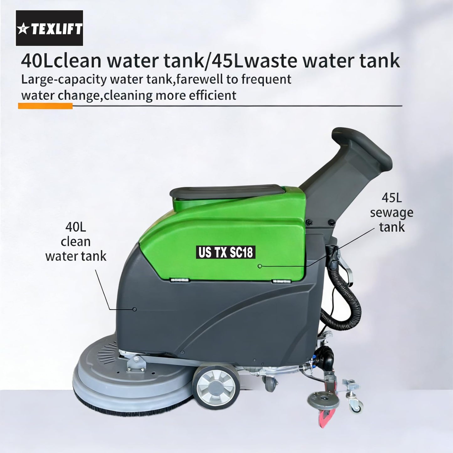 Walk-Behind Commercial Floor Scrubber Machine, 18″ Cleaning Width, Battery Powered Scrubber Dryer with 13 Gal Tanks for Warehouse, Retail & Facility Cleaning (US-TX-SC18)