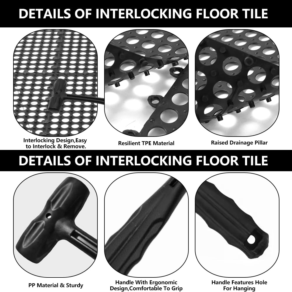30 Pack Drainage Interlocking Tiles, 12”x12” Modular Interlocking Floor Tiles with 1 Pc Plastic Hammer Non Slip Rubber Floor mat with Holes for Pool Bathroom Deck Kitchen Patio