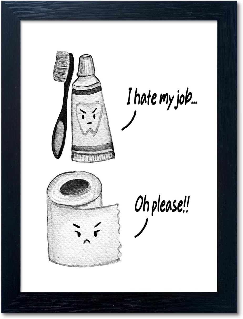 Skiennix Kids Bathroom Decor - Cute Framed Canvas Print with Funny Artwork | Modern Black and White Design