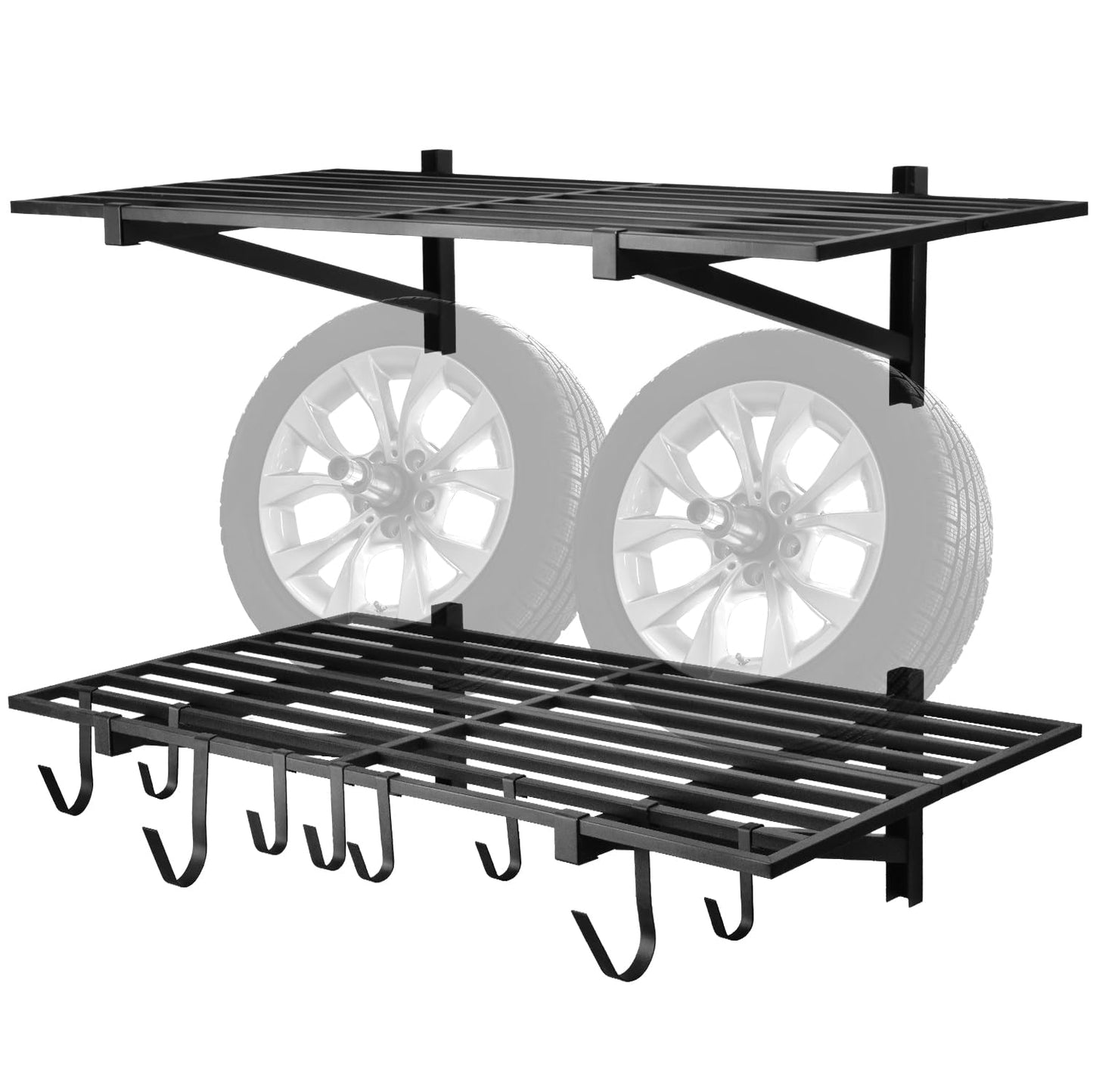 BTRAM 2 Pack Heavy Duty Garage Wall Shelving, 2' x 4' wall mount storage shelf, Holds 200 lbs Each, Garage Shelving Wall Mounted, Storage Rack with Hooks (Black)