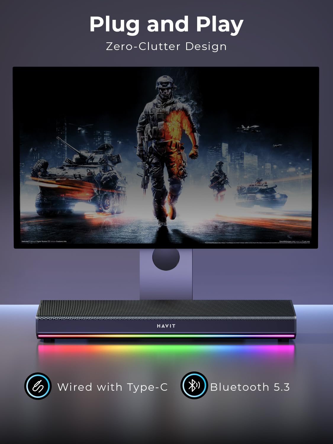 havit 5.3 Computer Speakers for Desktop PC, Bluetooth Pc Soundbar with Dynamic LED Light, HiFi Stereo, Poratble