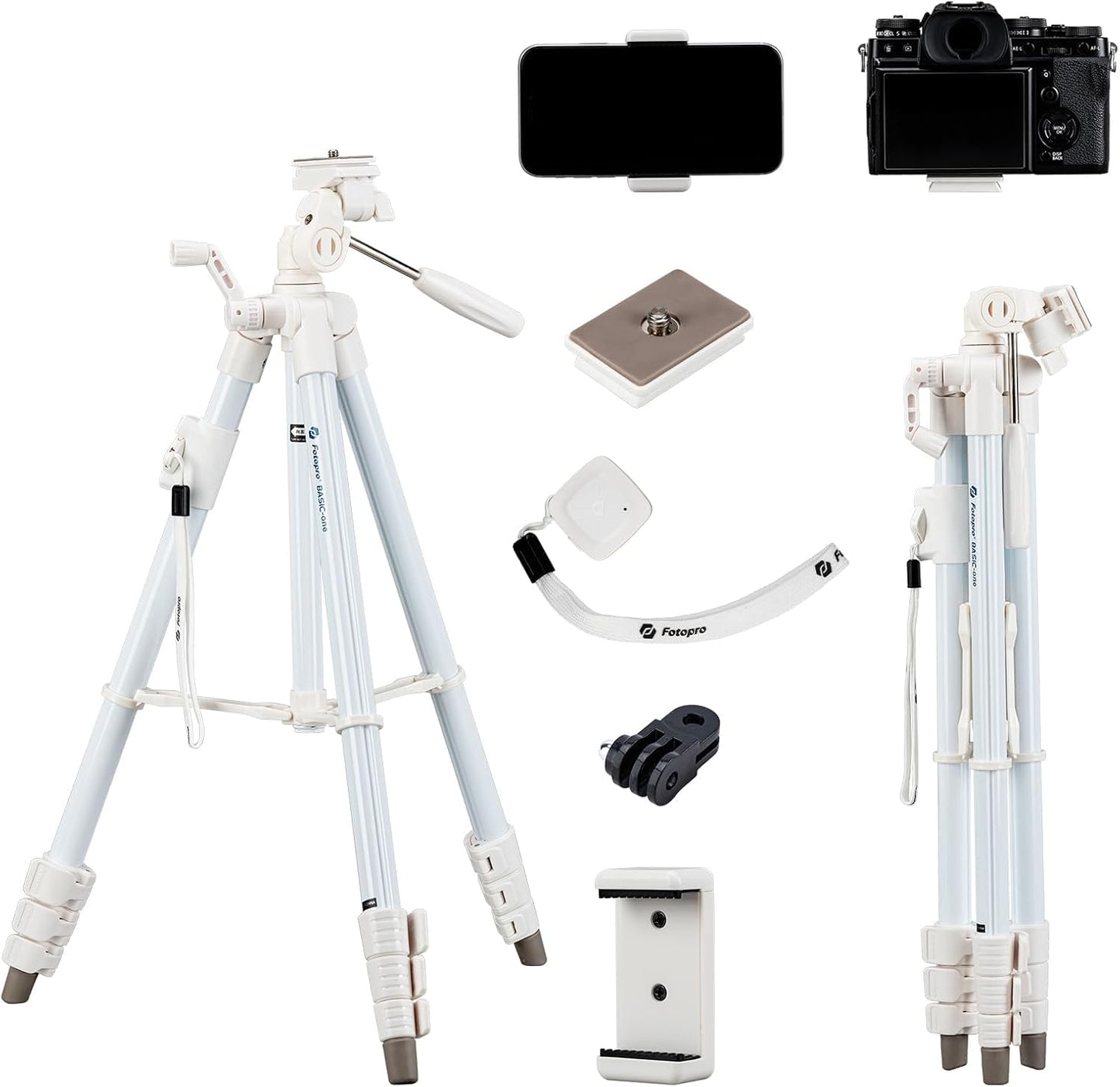 Fotopro 59'' 3-Way Camera Tripod, Portable Tripod for iPhone with Bluetooth Remote, Aluminum Video Camera Tripod