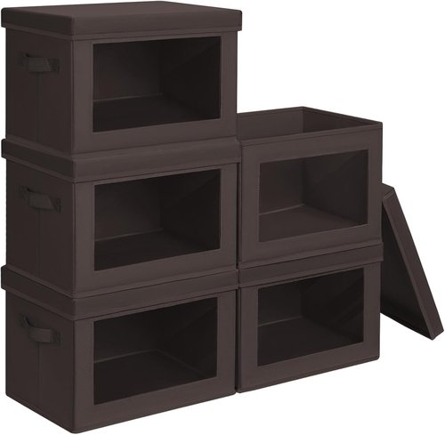 Homsorout Stackable Storage Bins - Medium Foldable Closet Organizers with Lids | 5-Pack, Brown