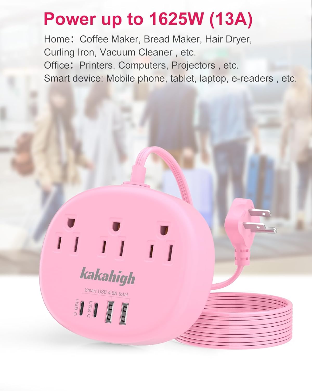 kakahigh 1080J 5 1625W 3 4 (24W/4.8A), Pink Extension Cord with Surge Protected - FT Kawaii Power Strip, Cute Extension