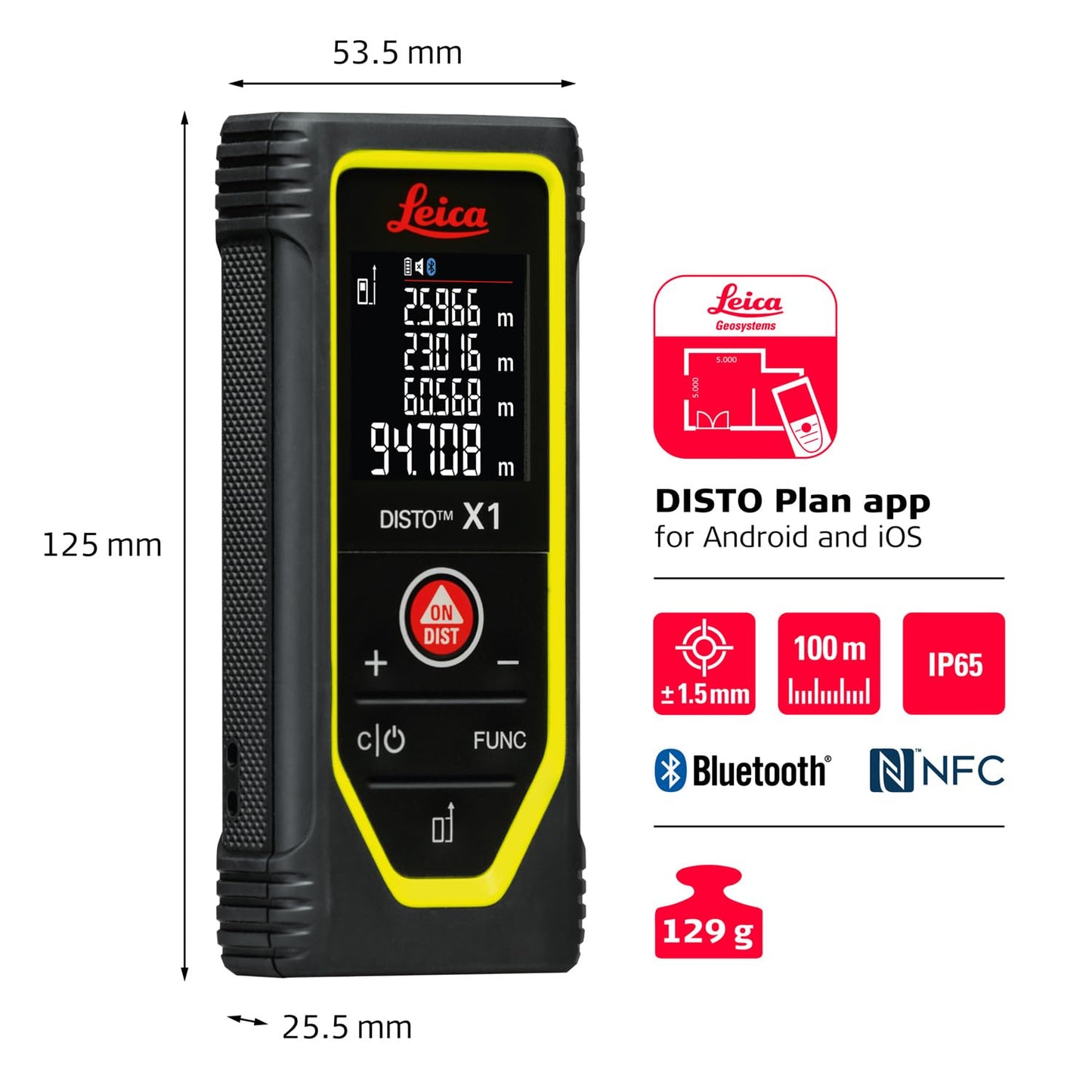 Leica Disto X1 - Range 330 ft, Bluetooth 4.2 and NFC Data Transfer, add and Subtract, Volume, 4-line Display, IP 65 dust and waterjet Protection and 6 ft Drop Tested, Hand Loop, Pouch.
