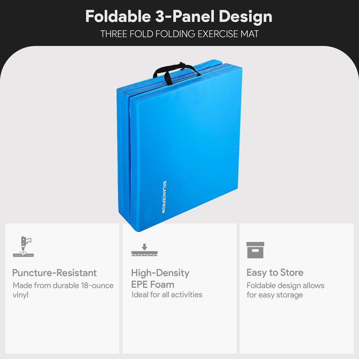 BalanceFrom 6x2 Feet 3-Panel Folding Gymnastics Mat – 1.5-Inch Thick Pad with Vinyl Surface and Carrying Handles for Tumbling, Yoga, Pilates, Home Workouts, and Martial Arts, Blue