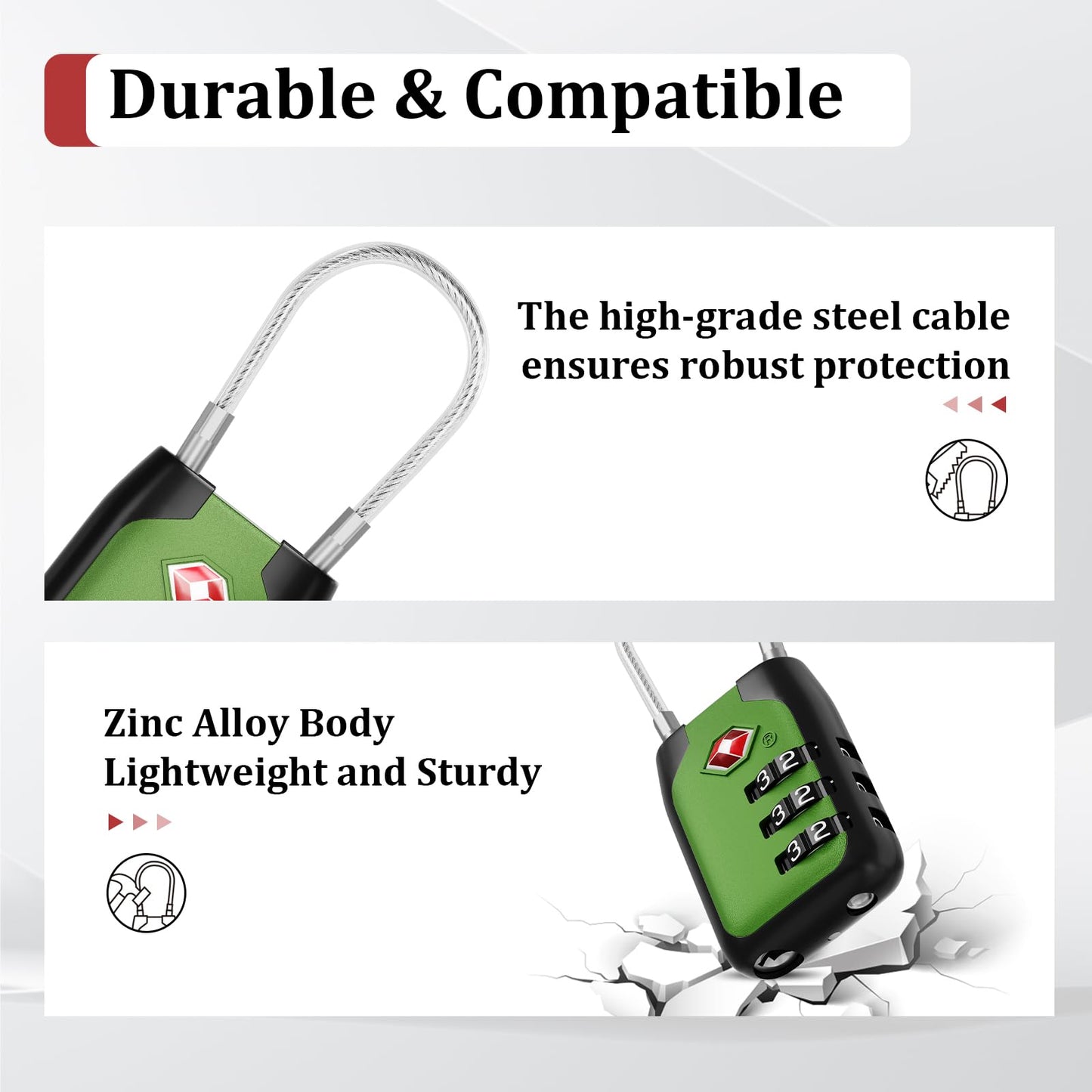 Joyway TSA Approved Luggage Lock, 3 Digit Combination Cable Lock with Alloy Body, Travel Combination Locks for Suitcases, Backpack and Golf Bag (Green, 4Pack)