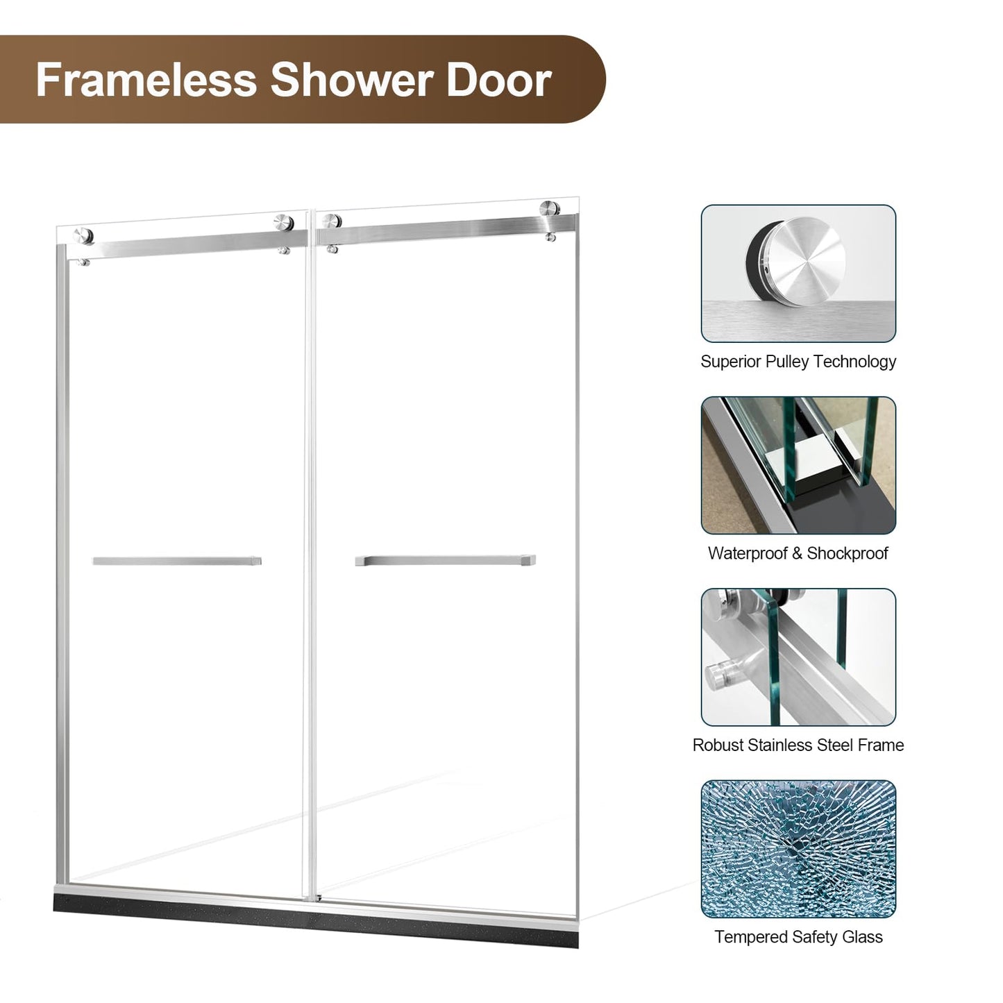 Porfectik Paris Shower Door, 60" W x 74" H Double Sliding Shower Door with 5/16"(8mm) Clear SGCC Tempered Glass, Bathroom Framed Shower Glass Doors, Brushed Nickel