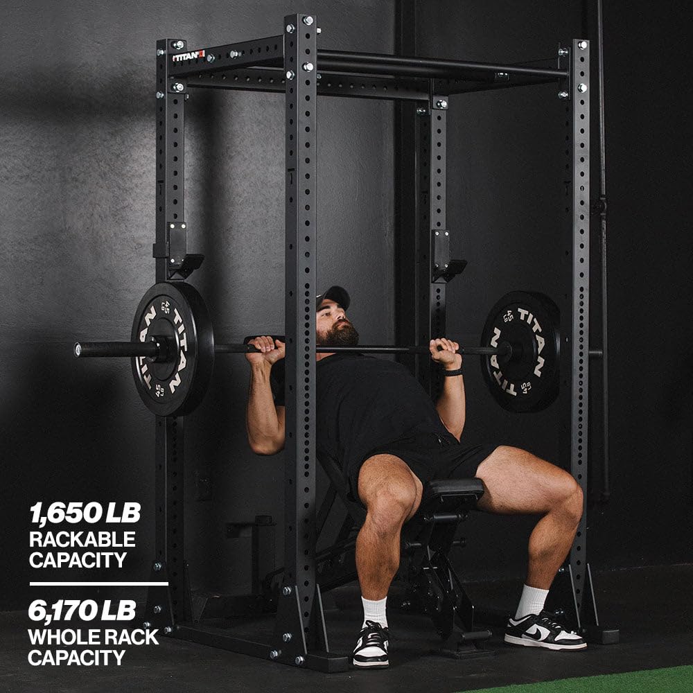 Titan Fitness X-3 Series Flat Foot Power Rack, 82" H x 30" D, 1,650 LB Rackable Capacity, Skinny & Fat Pull-Up Bars, Standard J-Hooks, for Home Garage Gym Weightlifting and Strength Training