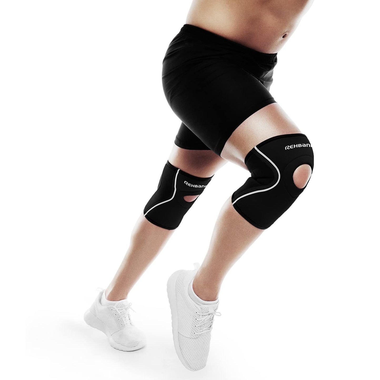 Rehband Open Patella Knee Brace 5mm Neoprene, Supportive Knee Sleeve with Patella Support, Knee Protection for Strength Training, Jogging & Fitness, Colour:Black, Size:Large