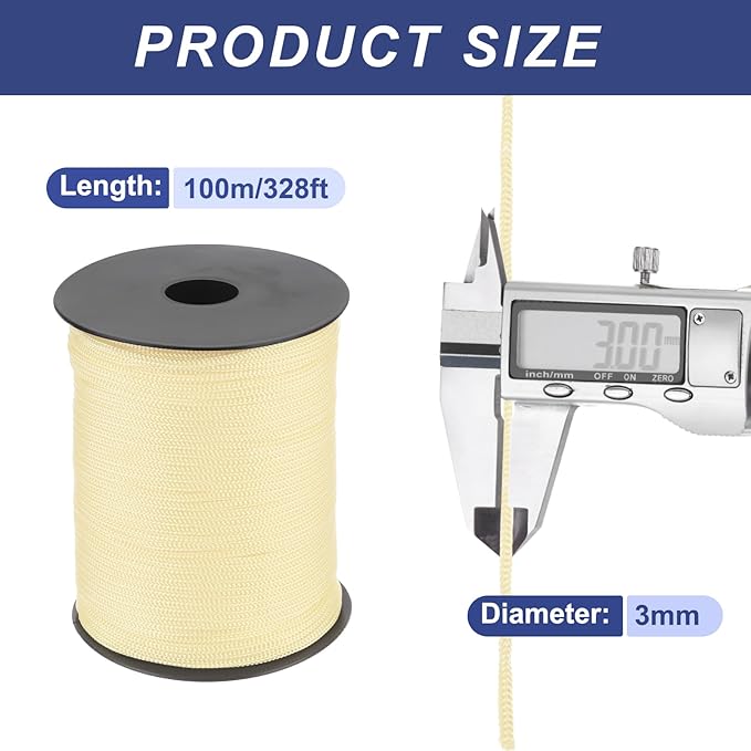 MECCANIXITY 1/8 Inch Polypropylene Rope Braided Ropes, 328ft Nylon Rope Hollow Utility Cord for Clothesline, Camping, Hiking, Outdoor, Beige