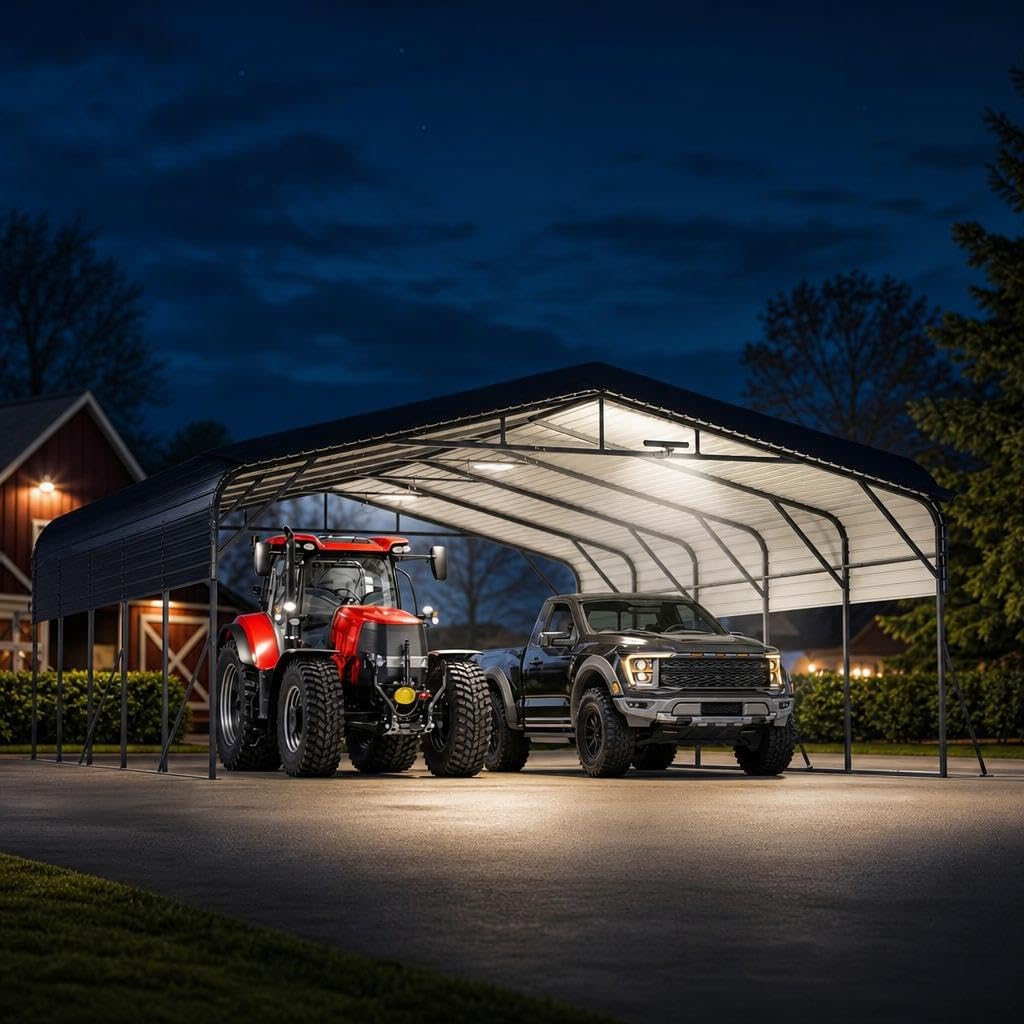 Garvee 20x25ft Heavy Duty Metal Carport, 2-Car Carport Kit with Solar Lights, 500 Sq. Ft. RV Boat Trailer Steel Garage Shelter