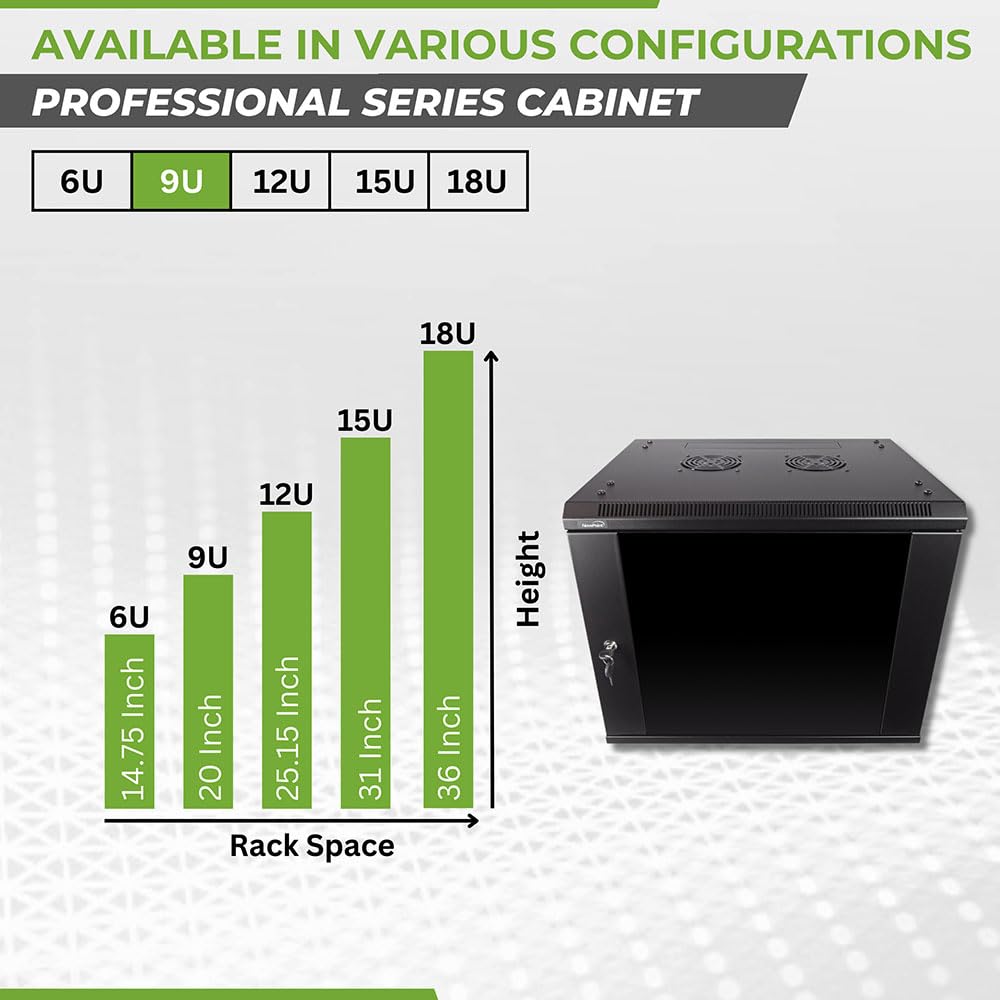 NavePoint 9U Server Rack Enclosure - 17.7” Deep, Wall Mount Network Cabinet with Locking Glass Door for 19” IT Equipment, Network Rack with 2 Fans, Removable Side Panels, Black