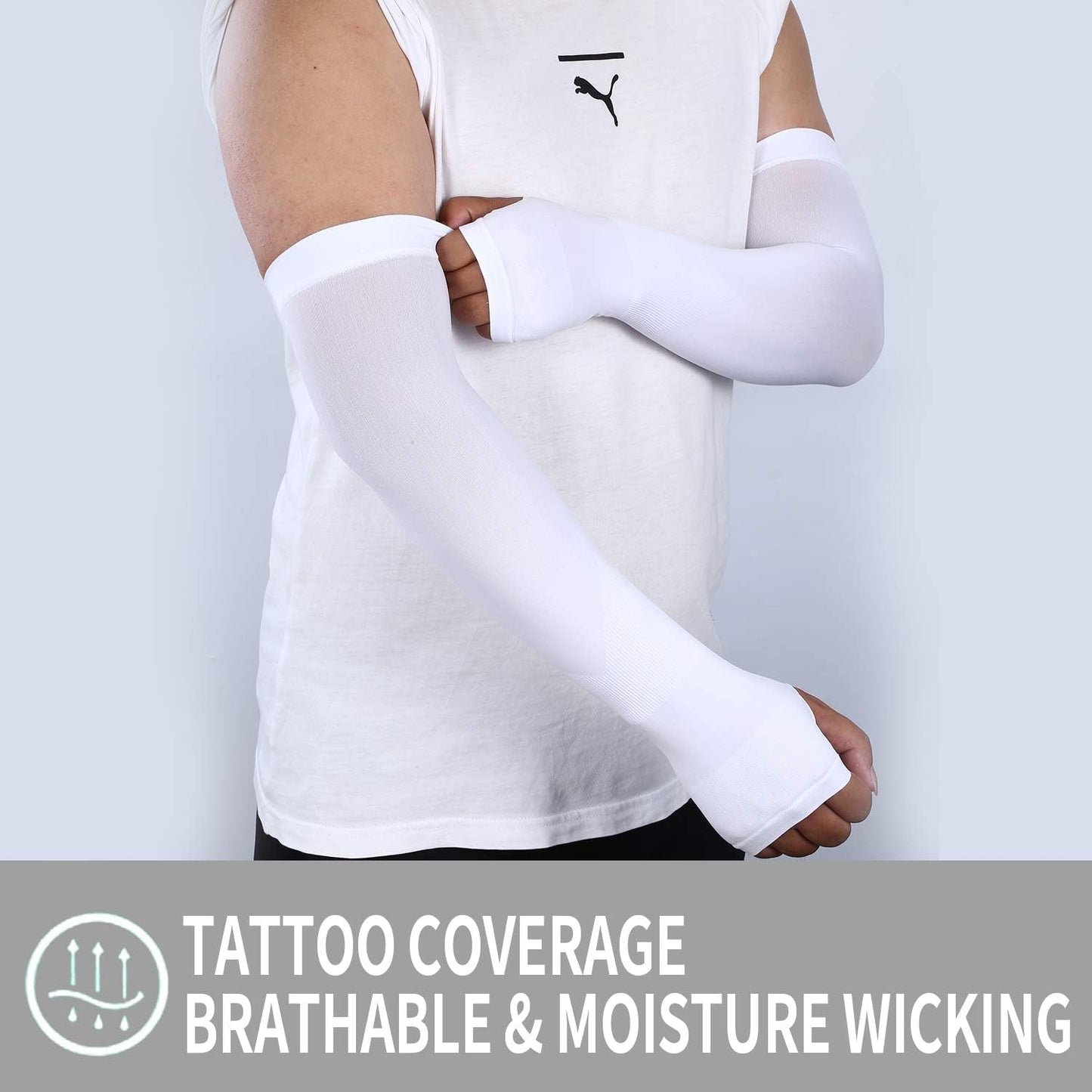 KUHNMARVIN Women Compression Arm Sleeves for men to Cover Arms Tattoo Cover-Up Volleyball Sleeve Softball Pickleball (2pairs white with hand cover)