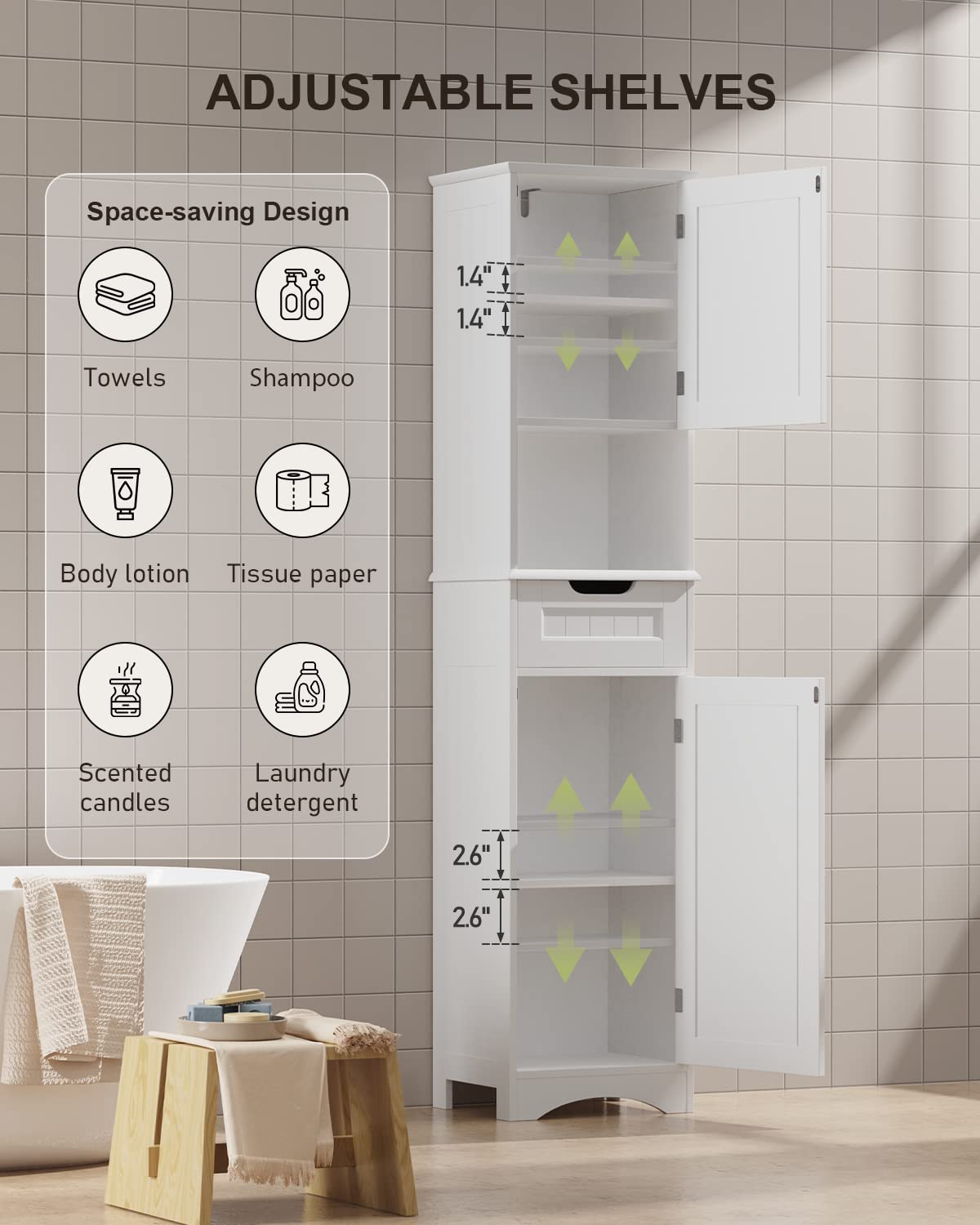 Gizoon 67" H Tall Bathroom Storage Cabinet, Narrow Storage Cabinet with 2 Doors & Drawer, Towel Cabinet with Freestanding Adjustable Shelves for Small Spaces, Kitchen, Living Room, Anti-Tipping, White