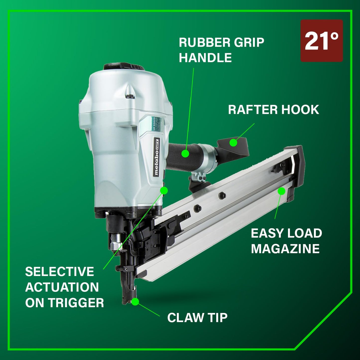 Metabo HPT Framing Nailer, Pro-Preferred Pneumatic Power Nailers in Framing Tools, Powerful Tool With Tool-less Depth Adjustment & Claw Tip, 21° 3-1/2" Plastic Collated Nails, NR90AC5