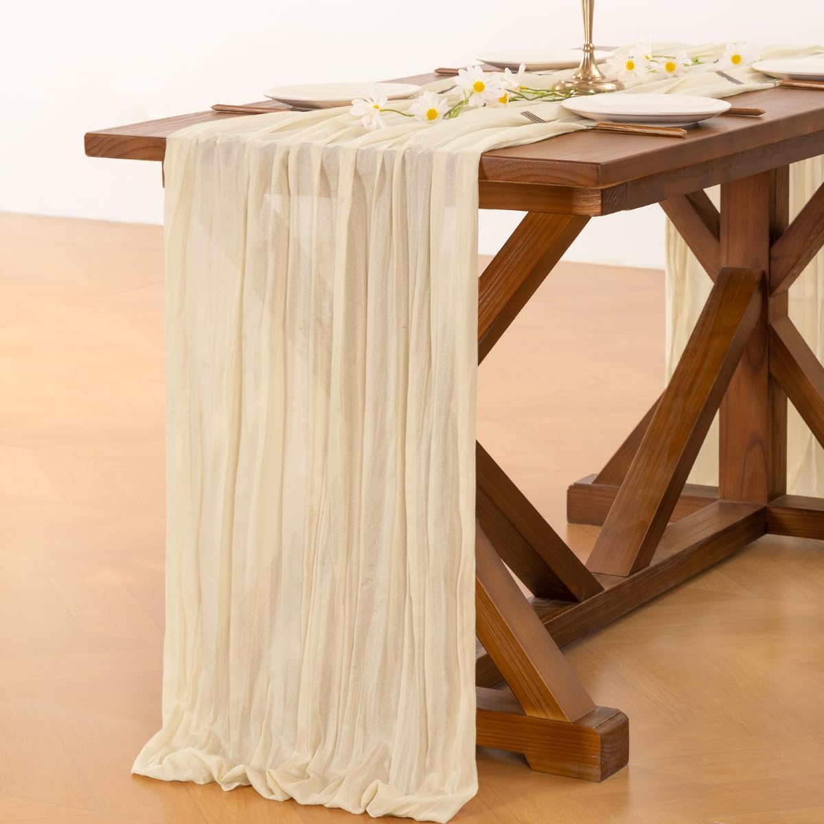 Socomi 3-Piece Beige Cheesecloth Table Runner - 120 Inch Boho Rustic Decor for Weddings & Events