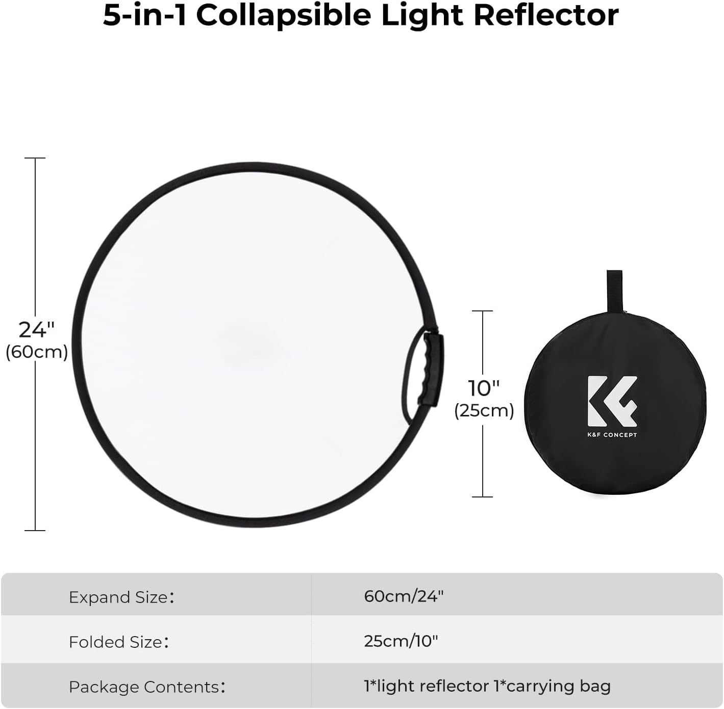 K&F CONCEPT 5-in-1 22"(60cm) Light Reflector with Grip Photography Diffuser Collapsible Portable for Studio and Outdoor