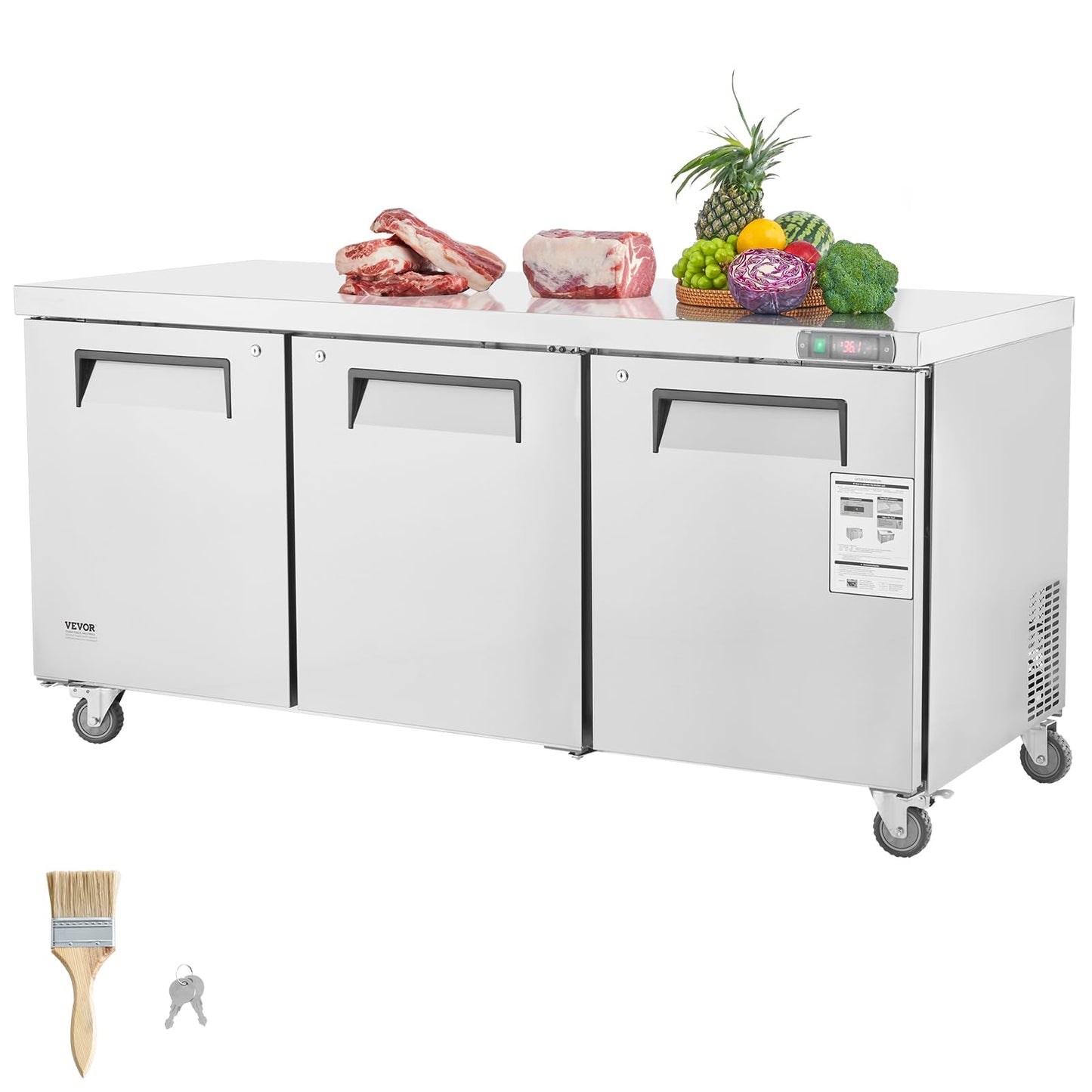 VEVOR 72" Commercial Refrigerator Sandwich & Salad Prep Table, 20 Cu. Ft Stainless Steel Refrigerated Food Prep Station with 3 Doors, Frost Free Refrigerator with Lock for Restaurant, Bar, Store