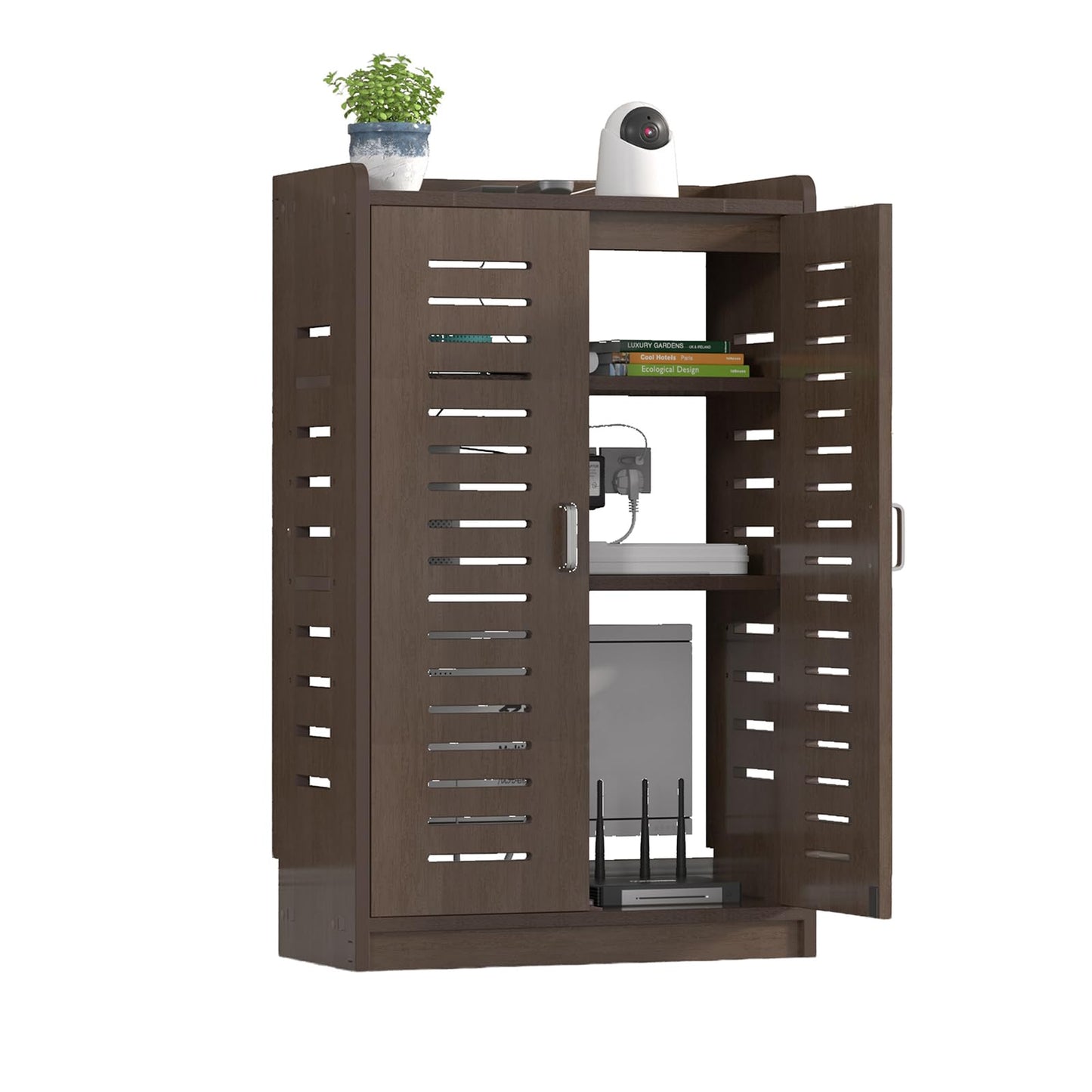 Large WiFi Router Cabinet 20''x31''x10'' Floor Standing Modem Organizer with Cable Management, White Electronics Enclosure for Power Strips & Network (Brown)