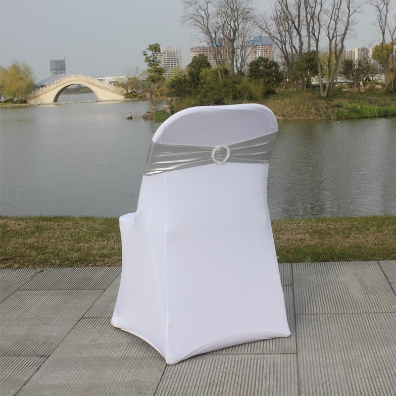 Skiennix Metallic Silver Stretch Chair Sashes - Durable Spandex Fitted Bows for Weddings & Events | 10 Pack