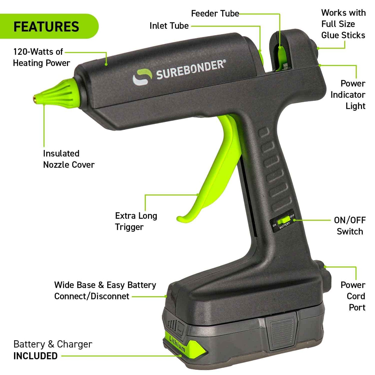 HYBRID-120KIT 120 Watt Corded/Cordless Hybrid Full Size Hot Melt Glue Gun - 18V Lithium-Ion Battery & Charger Included