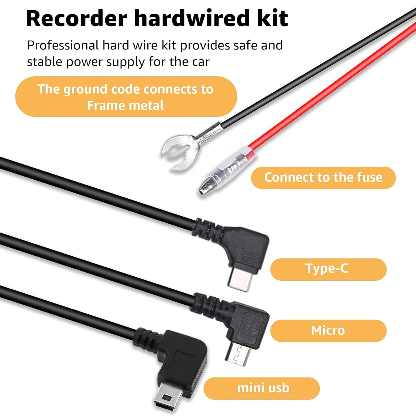 MONDGE 3-in-1 12V-24V 5V 13FT Hard Wire Kit USB-C & Micro/Mini USB Hardwire Kit for Dash Cams to Car Dash Camera Power