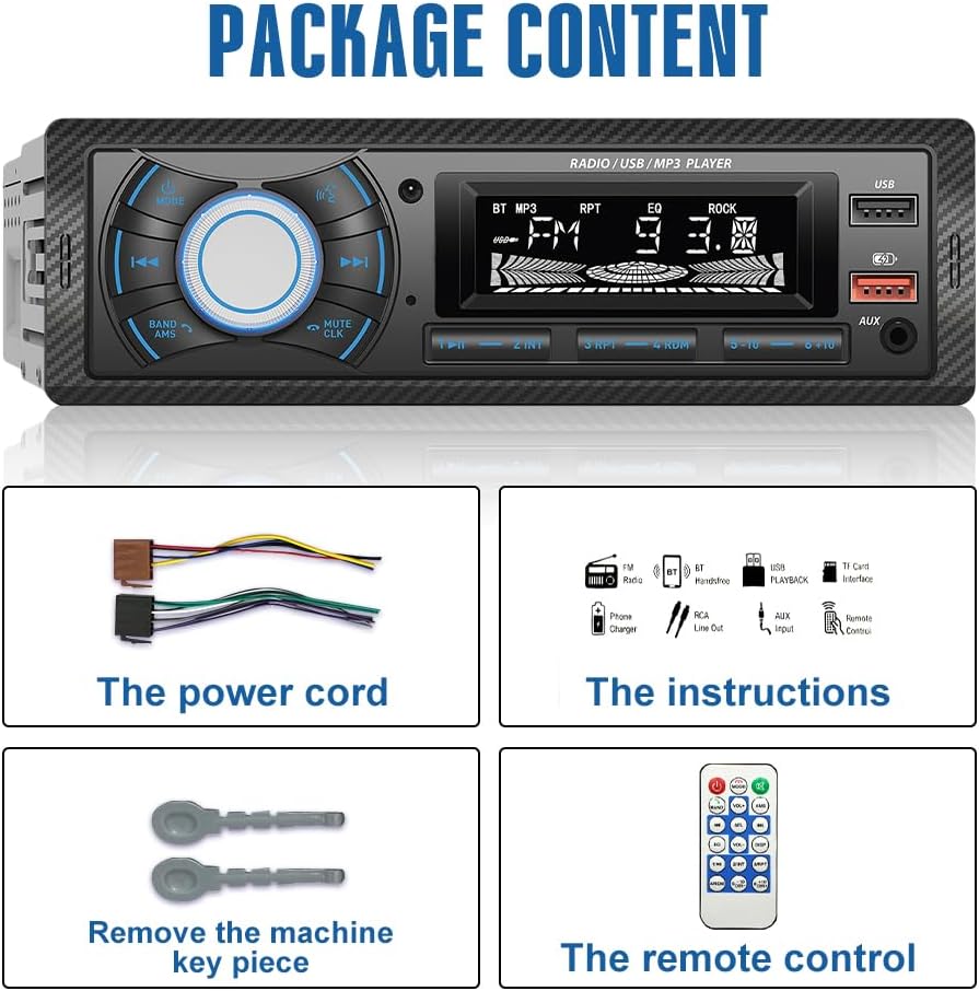 KUNFINE MP3, 2 USB(2.1A Audio Systems Car Stereo - Single Din, Voice Control, Bluetooth, No CD DVD Player, FM Radio