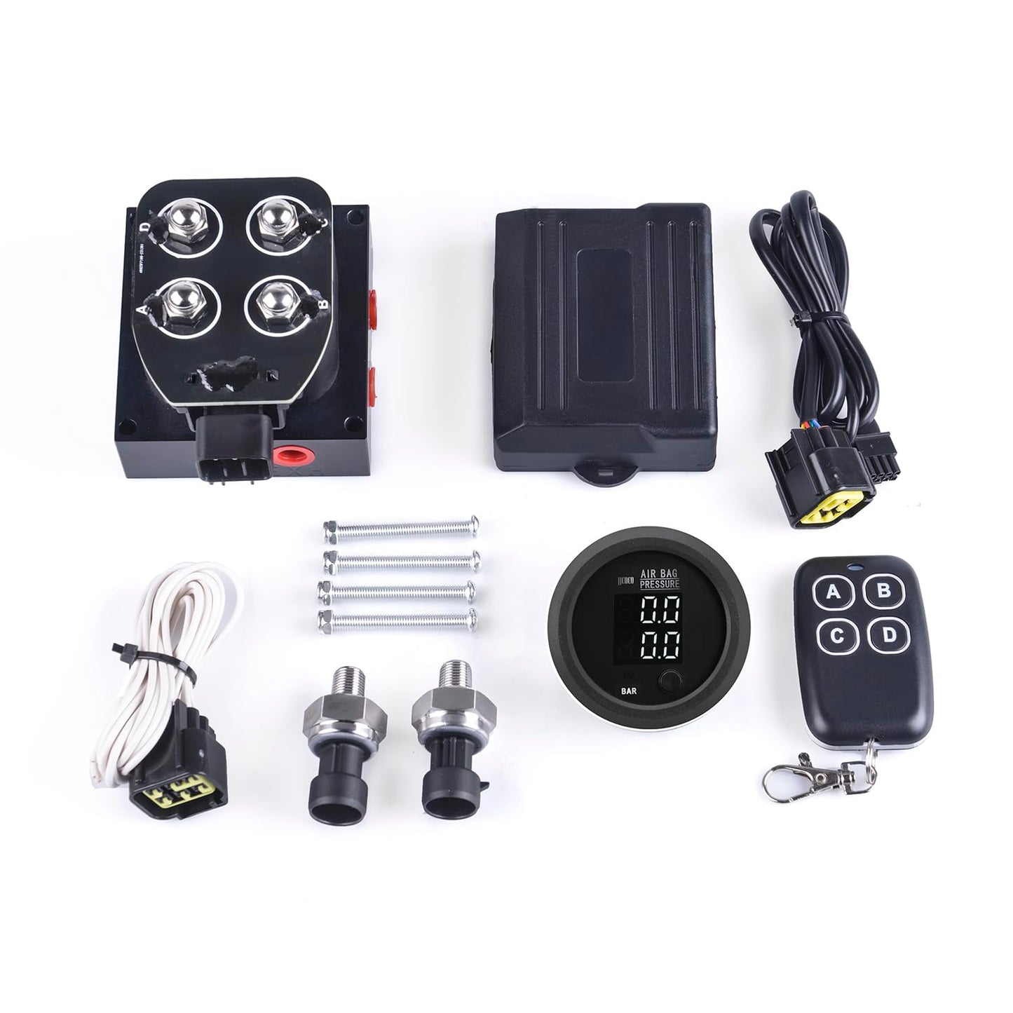 12V Solenoid Valve Air Ride Suspension manifold valve with remote controller 0-200psi, equipped with double display air pressure gauge white