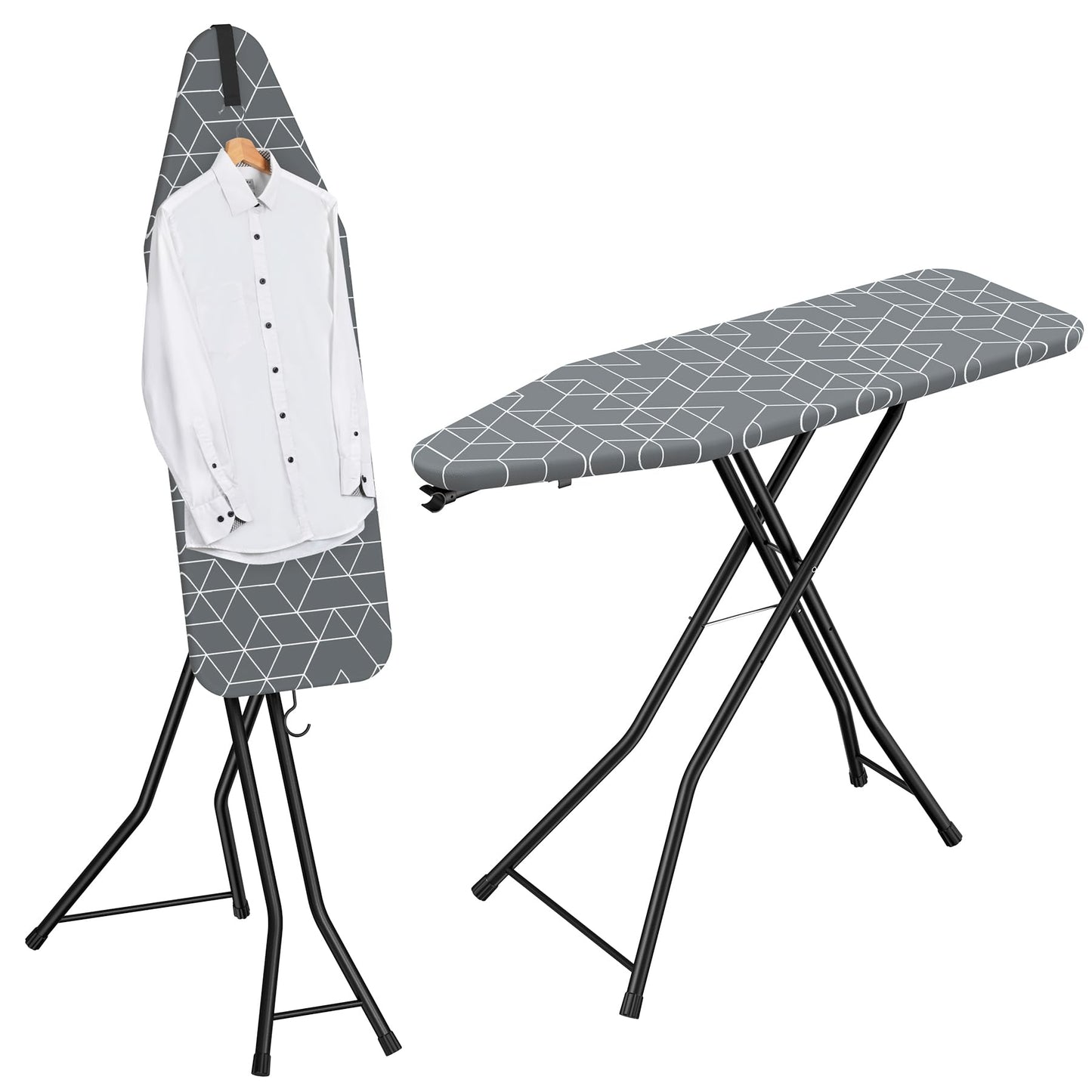 LyriFine Ironing Board, 2-in-1 Ironing and Steaming Board, Sturdy Steel Frame Iron Board with Non-Slip Feet, Heat Resistant Cover Iron Board, Foldable Compact Ironing Board with Hook, 14″ x 43″ Gray